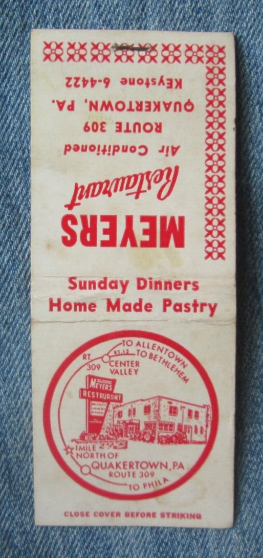 MEYERS RESTAURANT QUAKERTOWN PENNSYLVANIA Vintage Matchbook Cover ST17