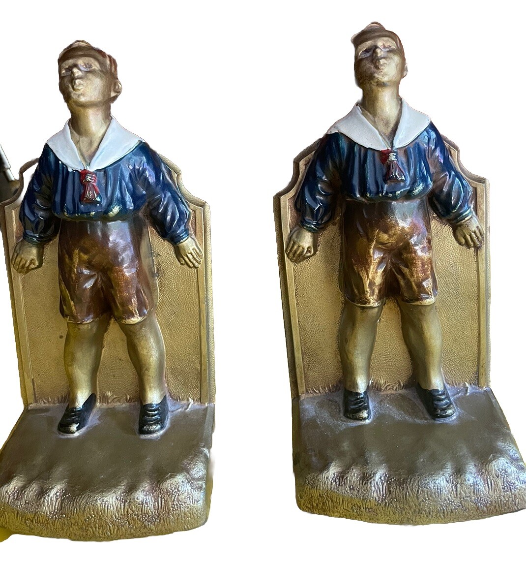 K & O Vintage Painted Polychrome School Boys Sticking Out Tounges Bookends