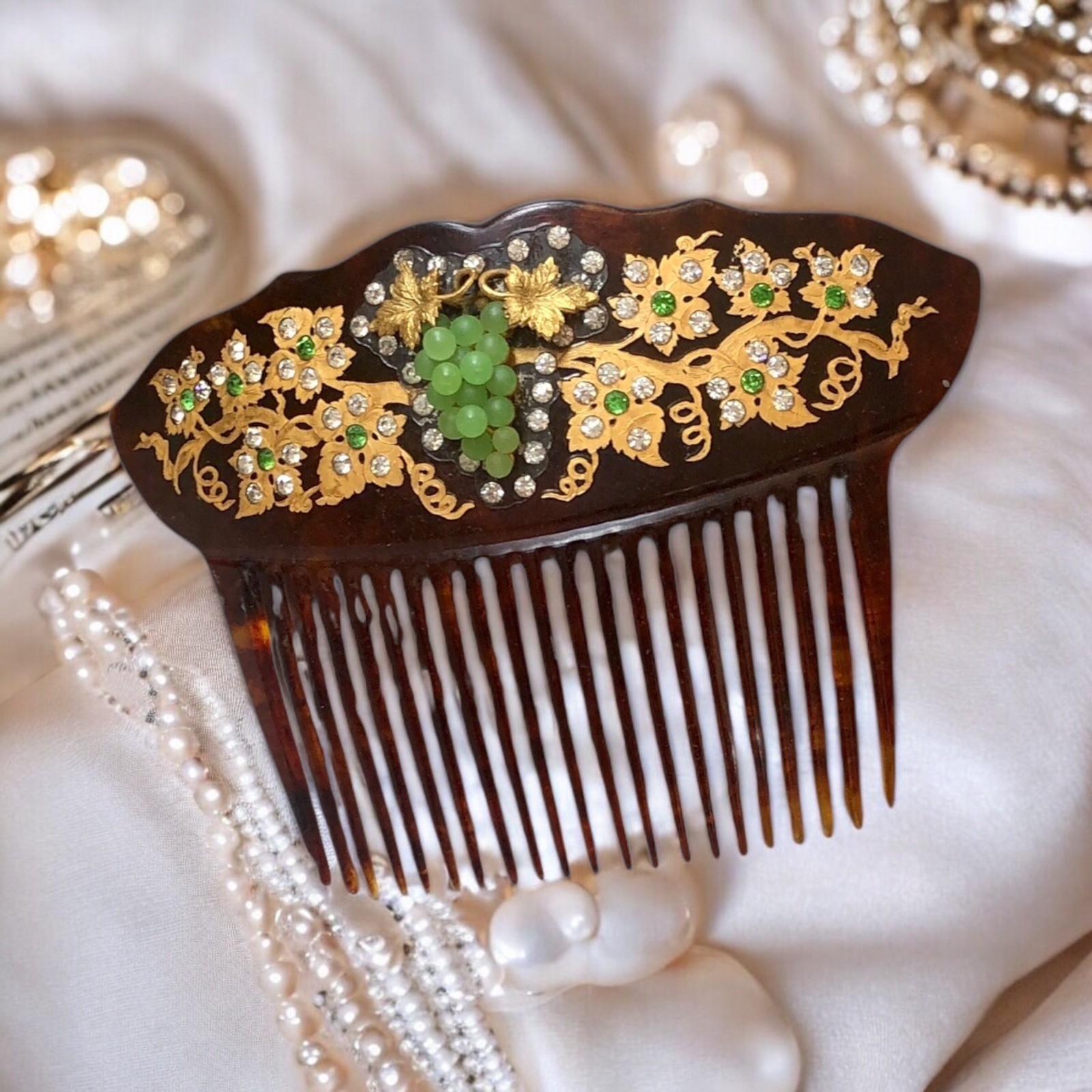Antique Faux Tortoiseshell Celluloid Art Nouveau Hair Comb Rhinestones Grapes