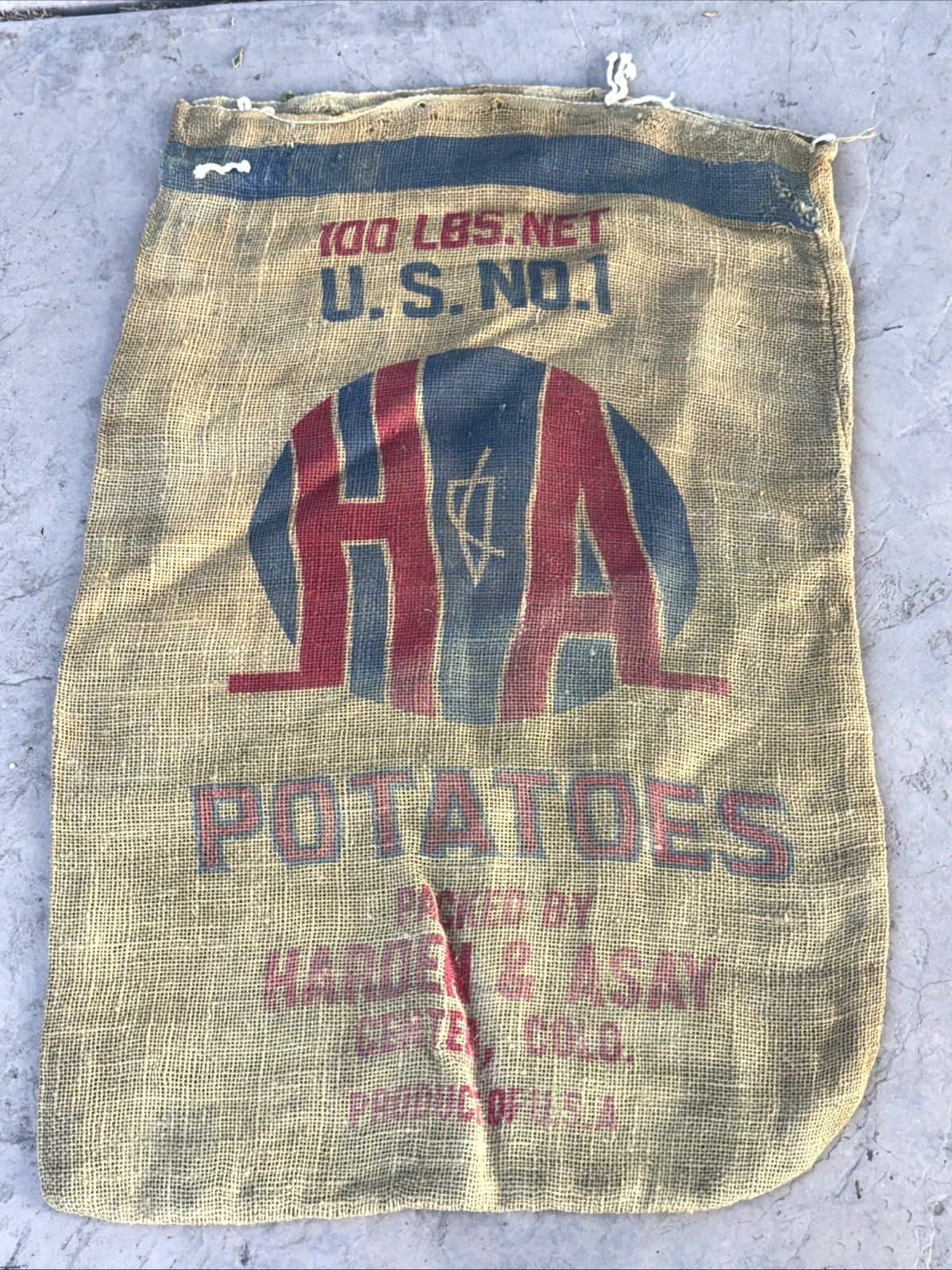 VTG Harden Asay H A Colorado Potatoes Burlap Bag 100 lb Gunny Sack Rare Antique VTG Harden Asay H A Colorado Potatoes Burlap Bag 100 lb Gunny Sack Rare Antique