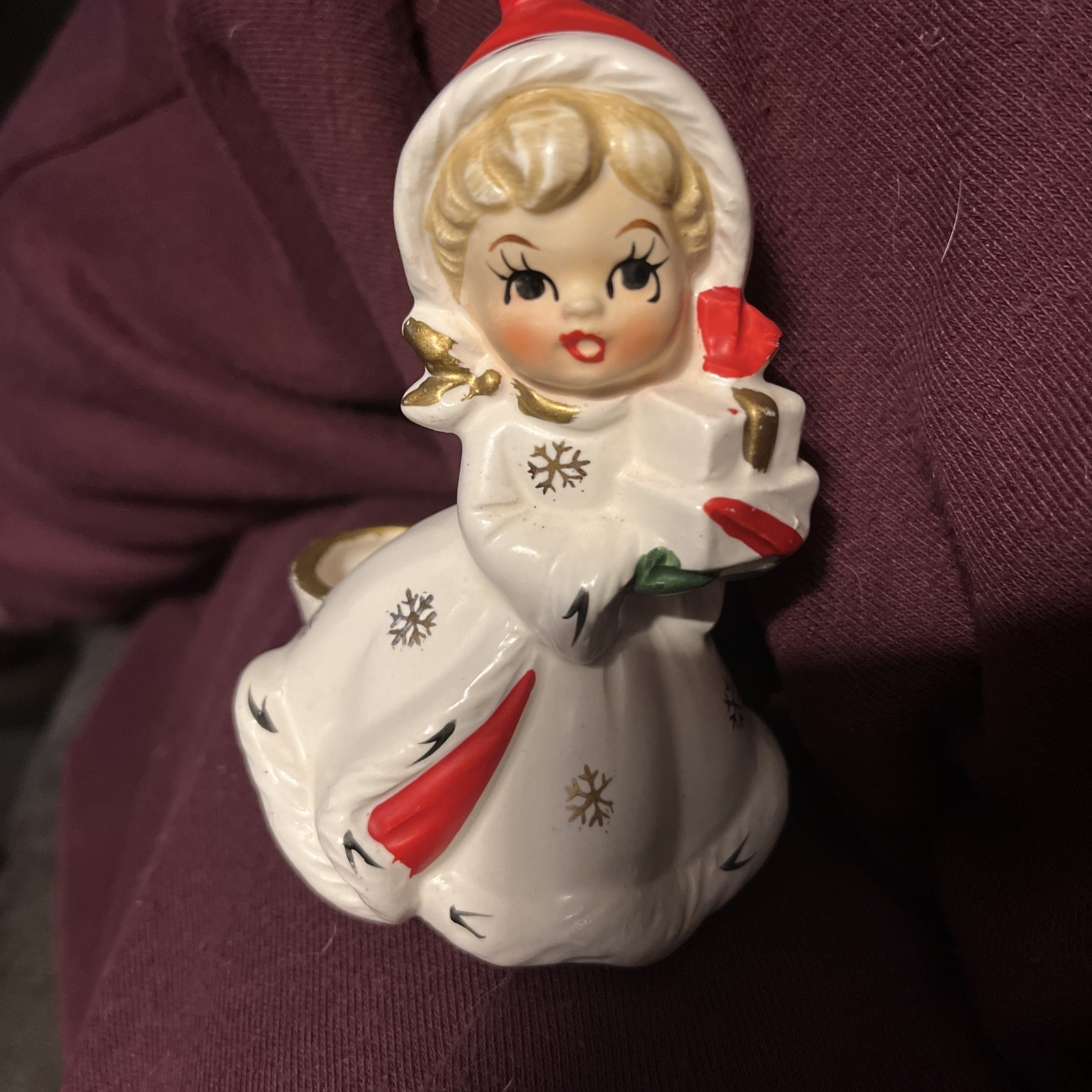 Vintage 1950s Napco Christmas Girl Figurine Candle Holder (#8388) MCM Xmas