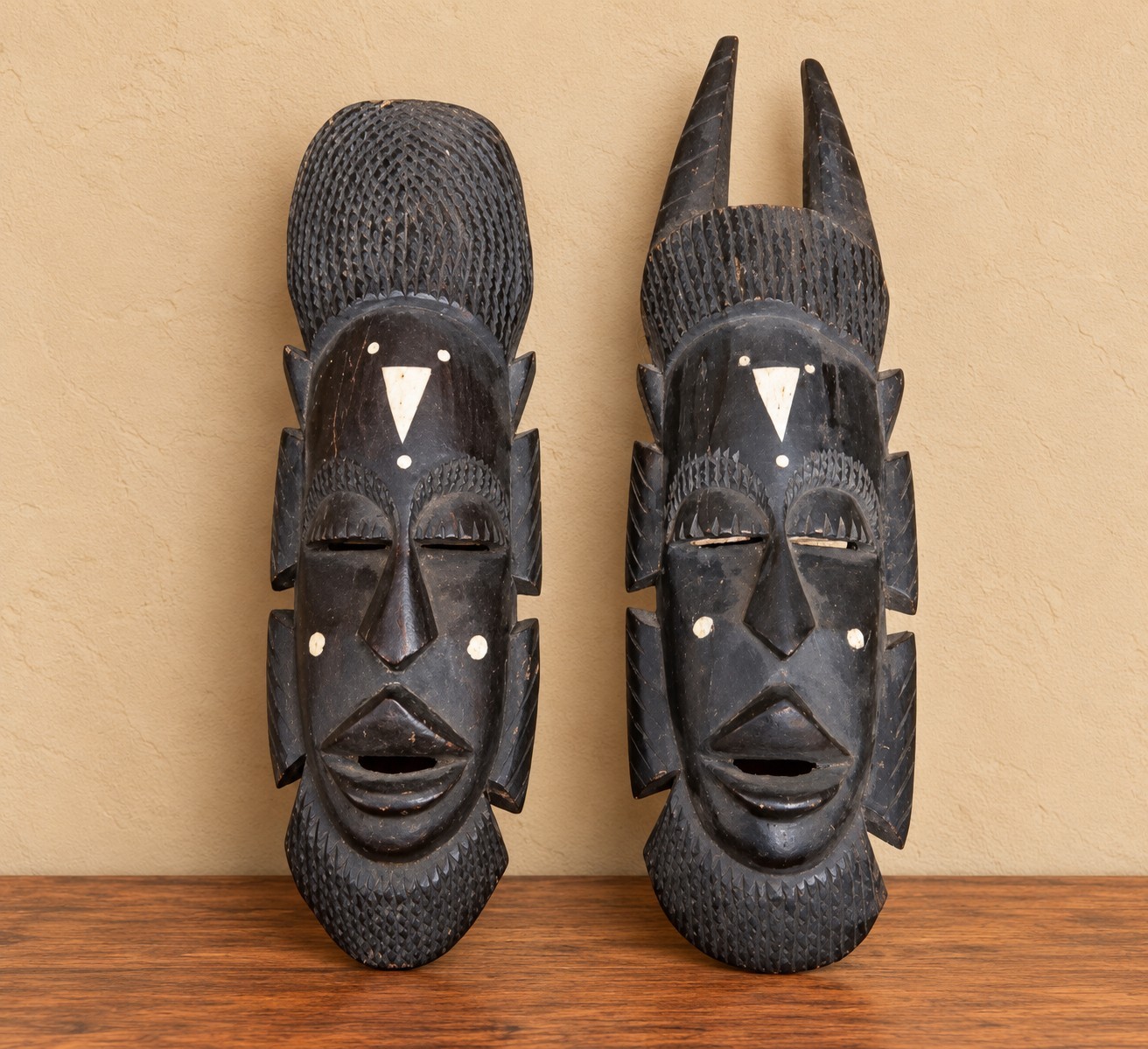 Vintage African Hand Carved Wood Tribal Masks Pair Folk Art 1950s Vintage African Hand Carved Wood Tribal Masks Pair Folk Art 1950s