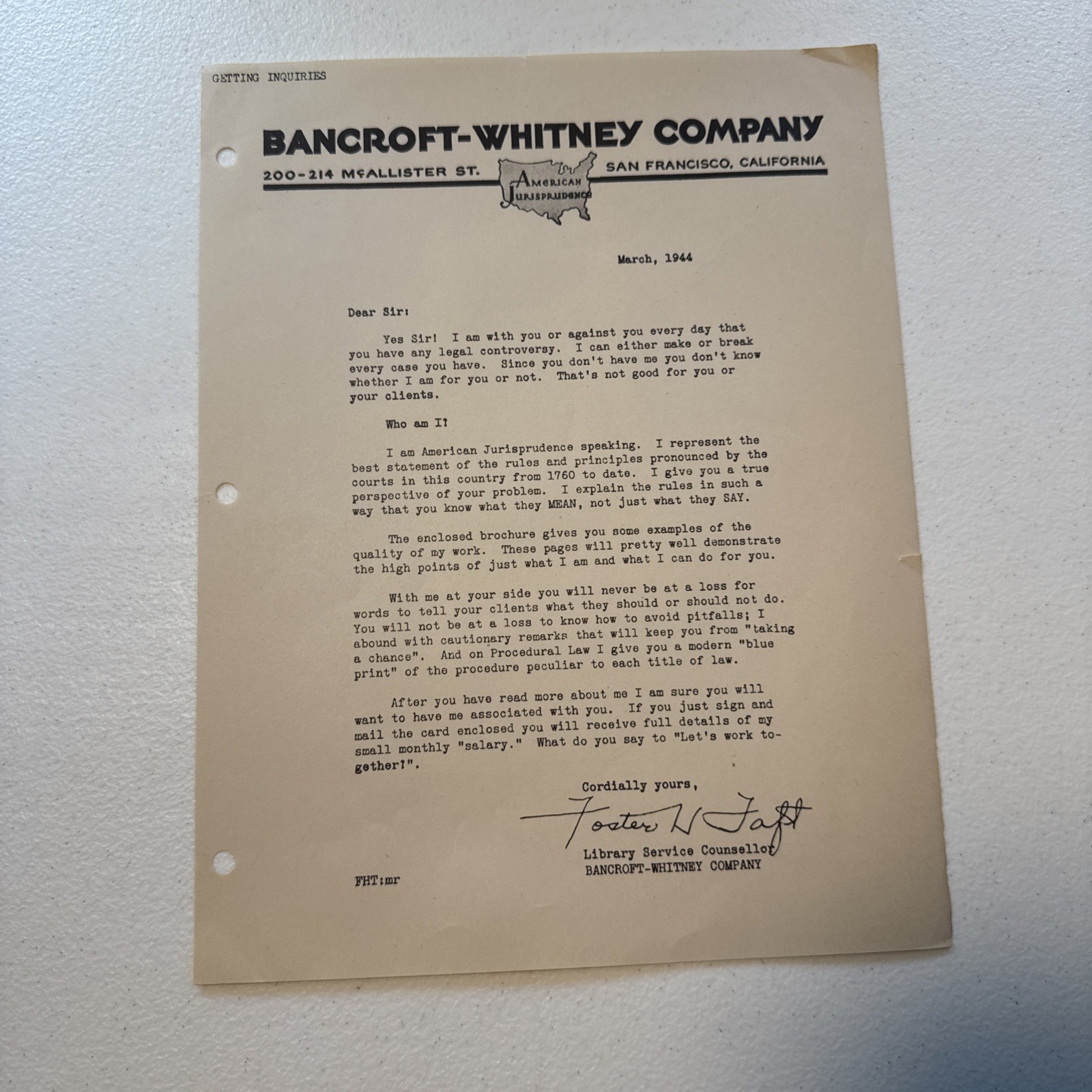 Bancroft-Whitney Company San Fransisco, California 1944 WW2 Era Sales Letter Bancroft-Whitney Company San Fransisco, California 1944 WW2 Era Sales Letter