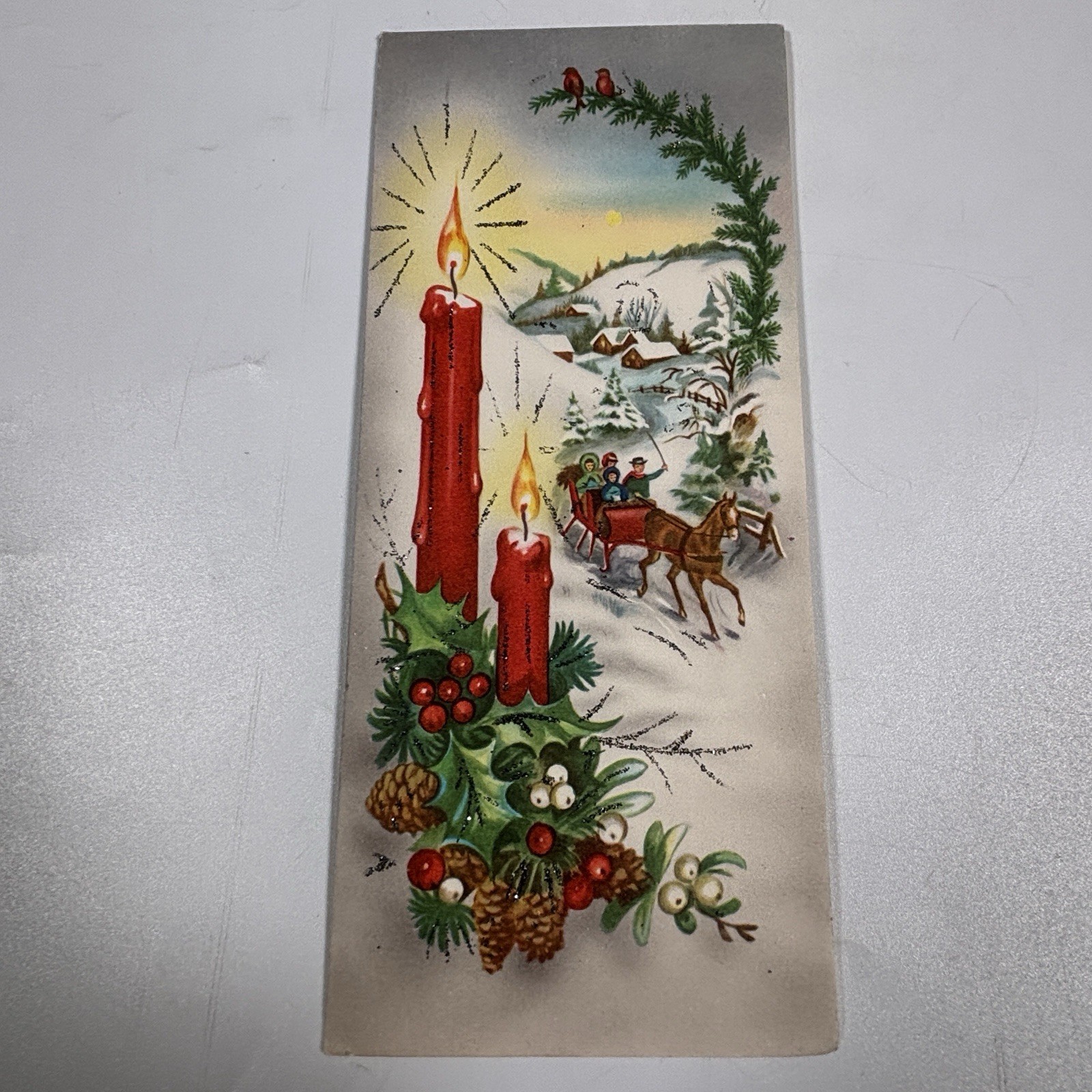 Vintage Glitter Christmas Card Red Candles Sleigh Pinecone Holly MCM Junk Drawer