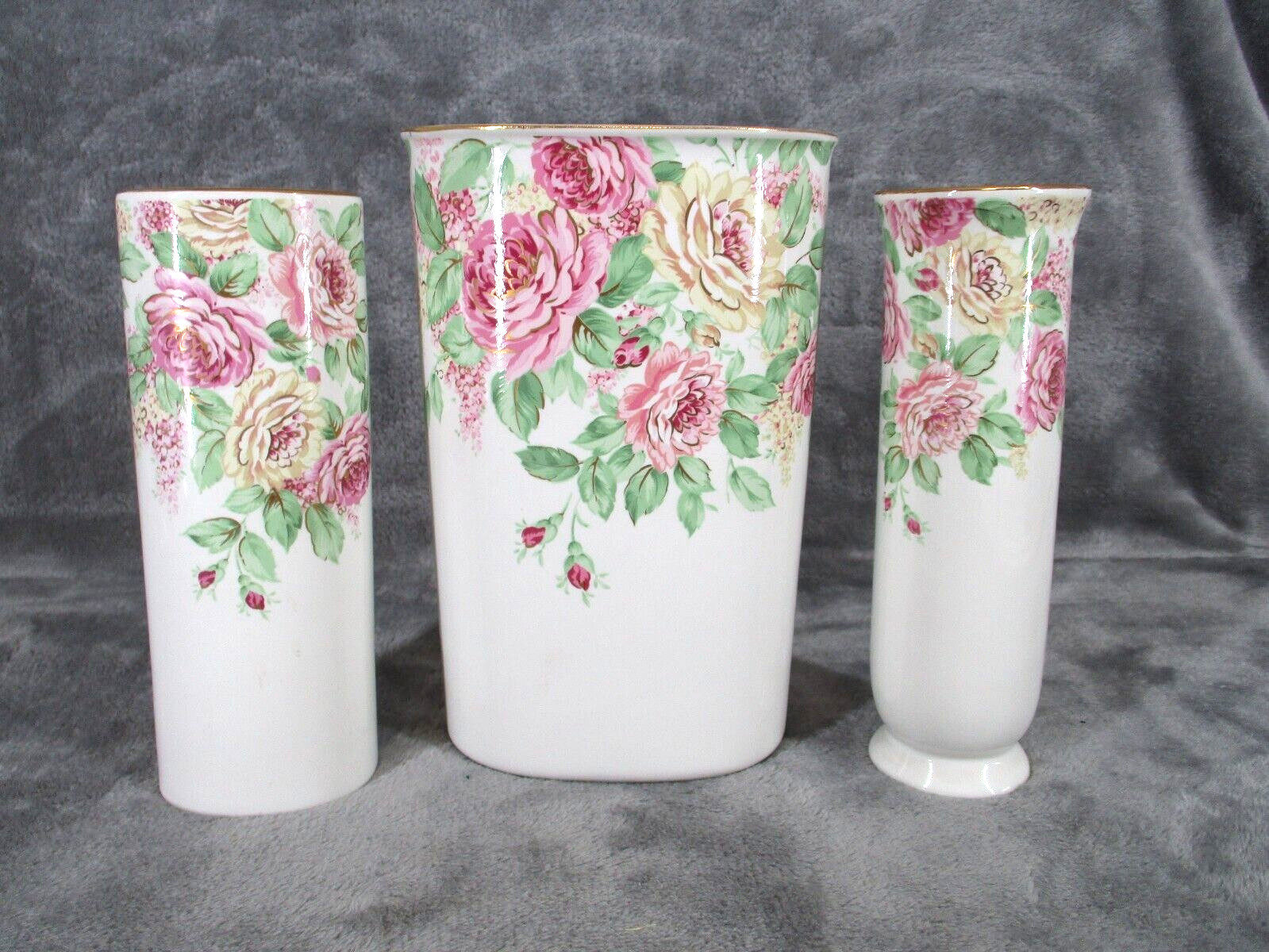 Otagiri English Rose Vase Cylindrical Porcelain Floral Gold Accent Japan 3 Piece Otagiri English Rose Vase Cylindrical Porcelain Floral Gold Accent Japan 3 Piece