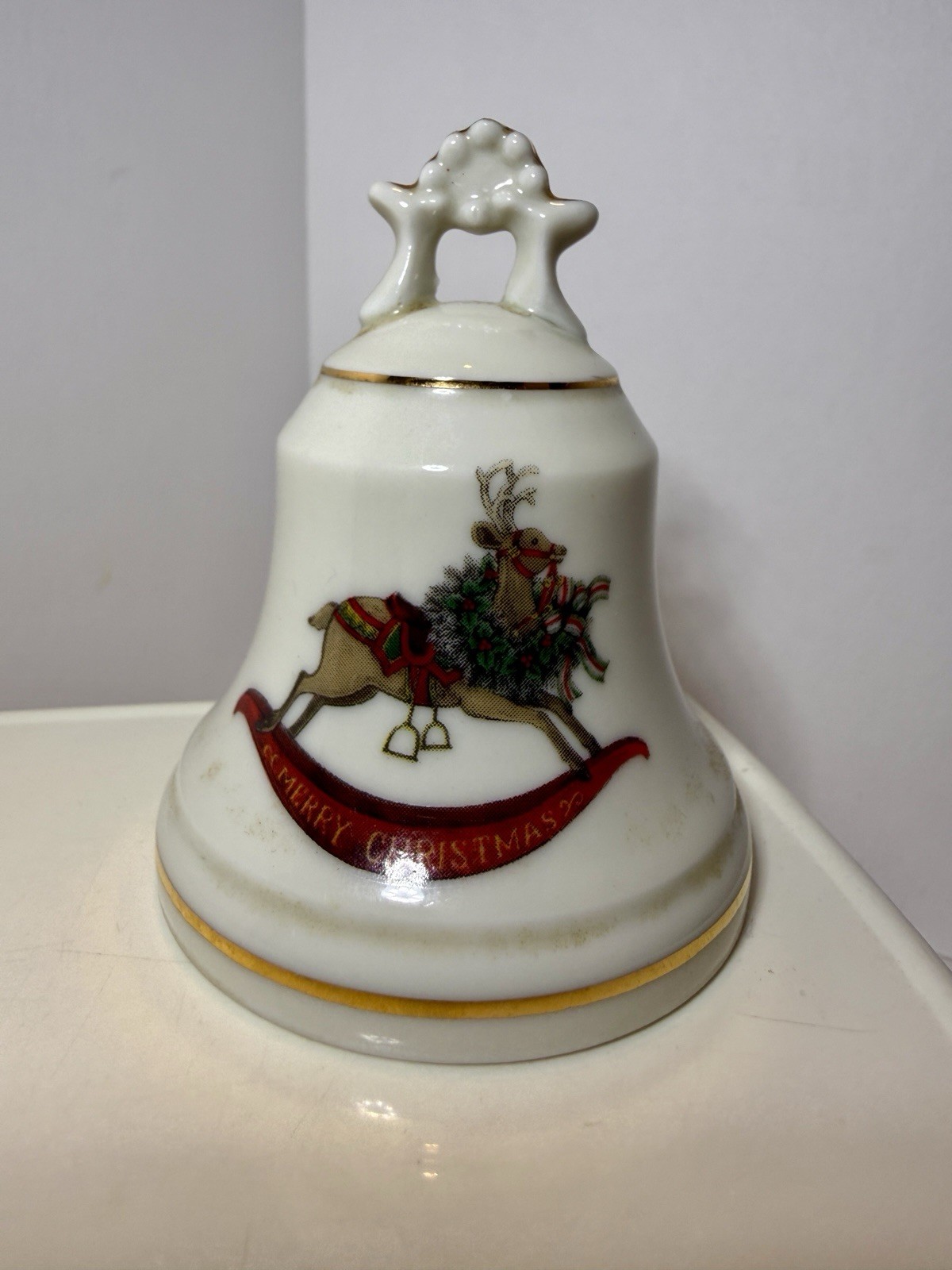 VTG Merry Christmas Porcelain Bell w/ Rocking Reindeer Deer Made in Japan 3.5\ VTG Merry Christmas Porcelain Bell w/ Rocking Reindeer Deer Made in Japan 3.5\