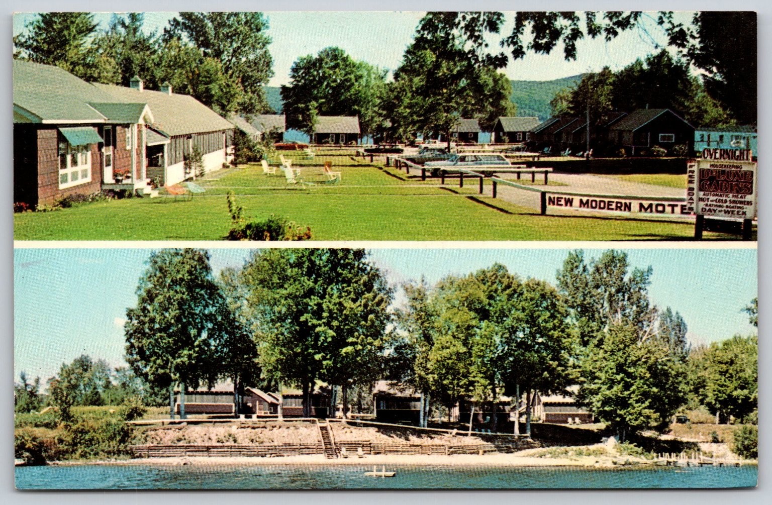 Elm Tree Cabins Motel Schroon Lake NY Adirondacks Vintage Chrome Postcard E79
