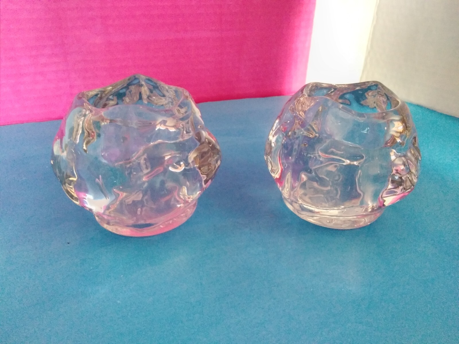 Candle Holder Pair Clear Rock Look Votive Holders 3x4\