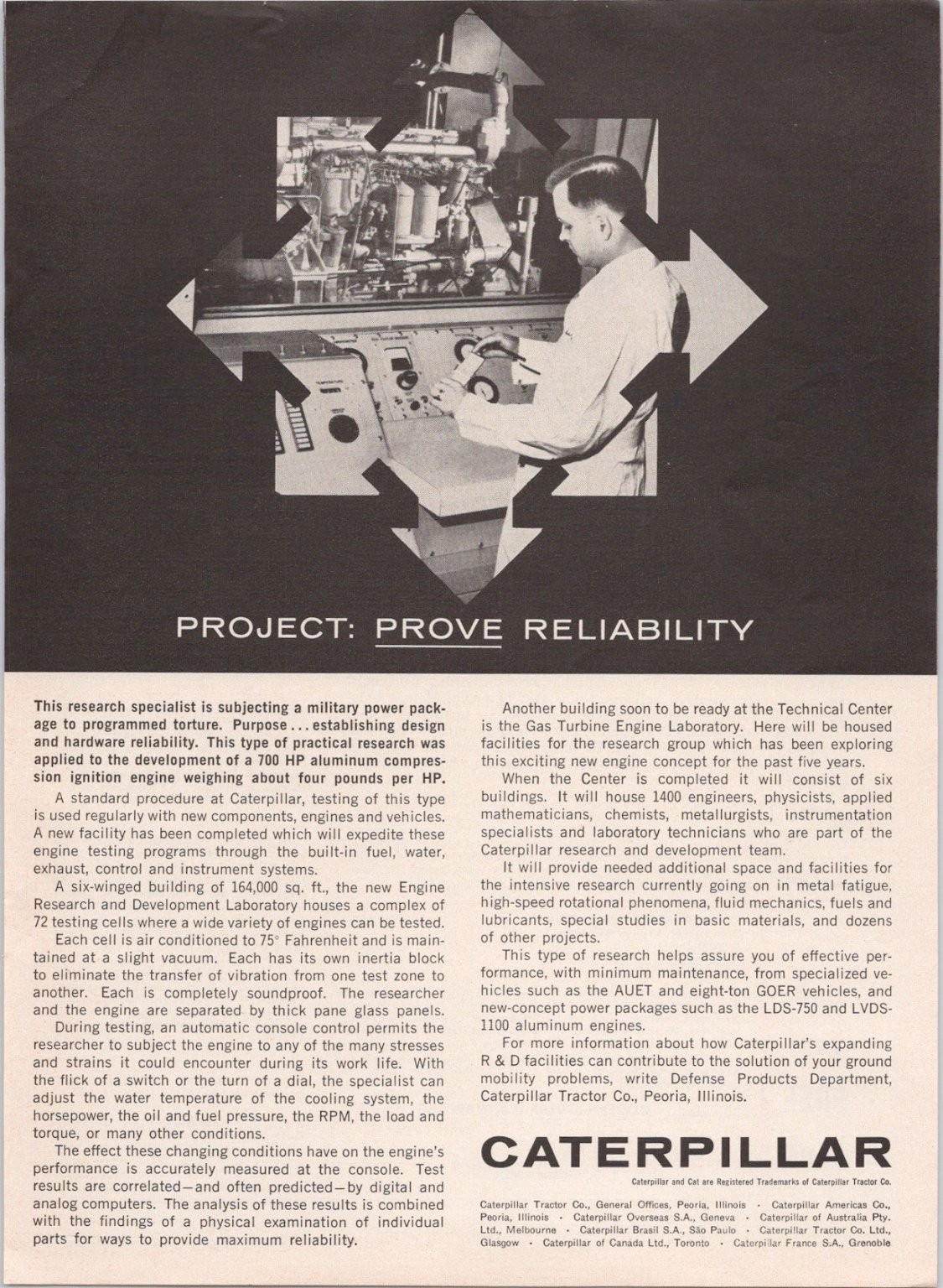 Caterpillar Vintage Magazine Ad Engine Testing Research Reliability 1962 Caterpillar Vintage Magazine Ad Engine Testing Research Reliability 1962