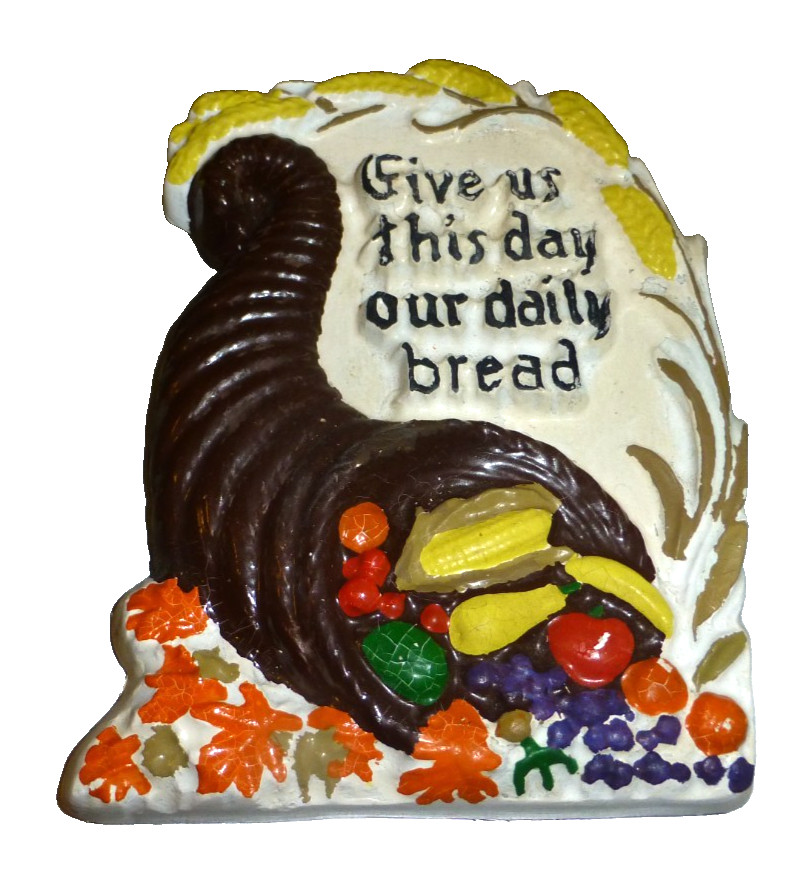 Vintage Chalkware Thanksgiving Cornucopia Plaque Give Us This Day...6x4x.5\