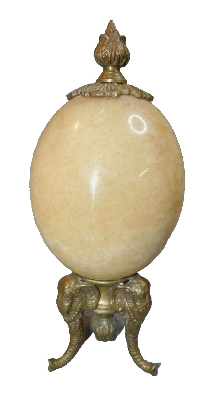 Vintage Large ALABASTER EGG on Three legged Brass ELEPHANT STAND & Brass Finial Vintage Large ALABASTER EGG on Three legged Brass ELEPHANT STAND & Brass Finial