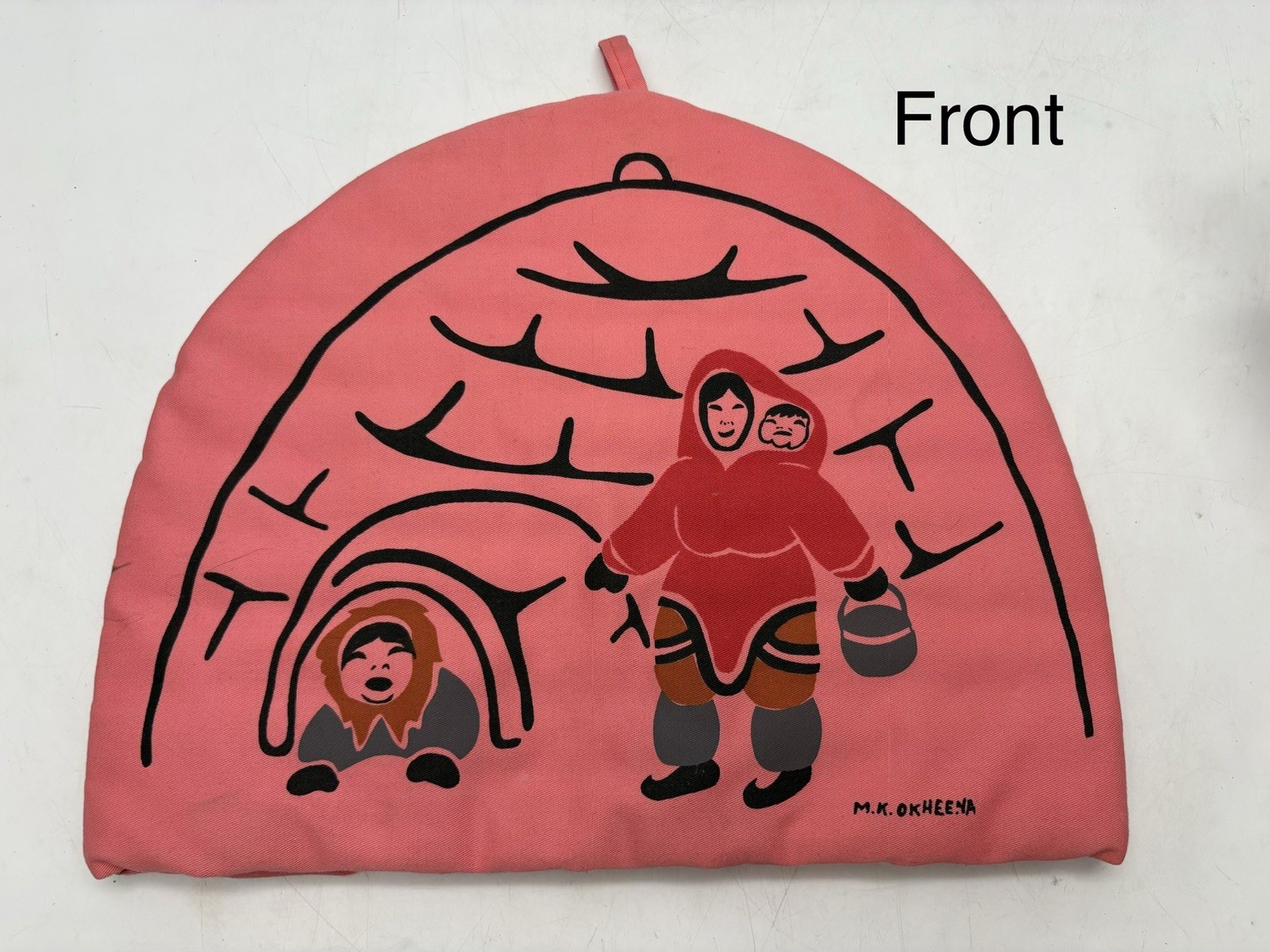 Vintage Inuit Tea Cosy Mary K Okheena Holman Ulukhaktok Art Textile Canada Pink