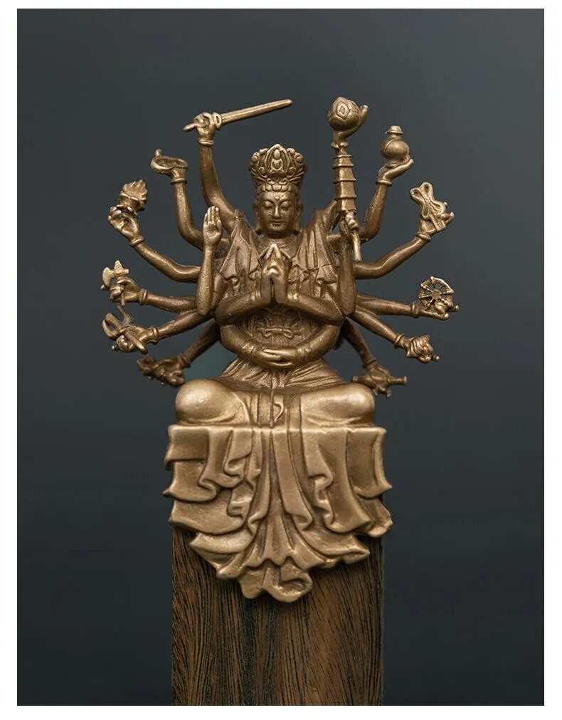 Multi-Armed Quan Yin Brass w/ Wood Block and Gift Box Buddhist Goddess Statue Multi-Armed Quan Yin Brass w/ Wood Block and Gift Box Buddhist Goddess Statue