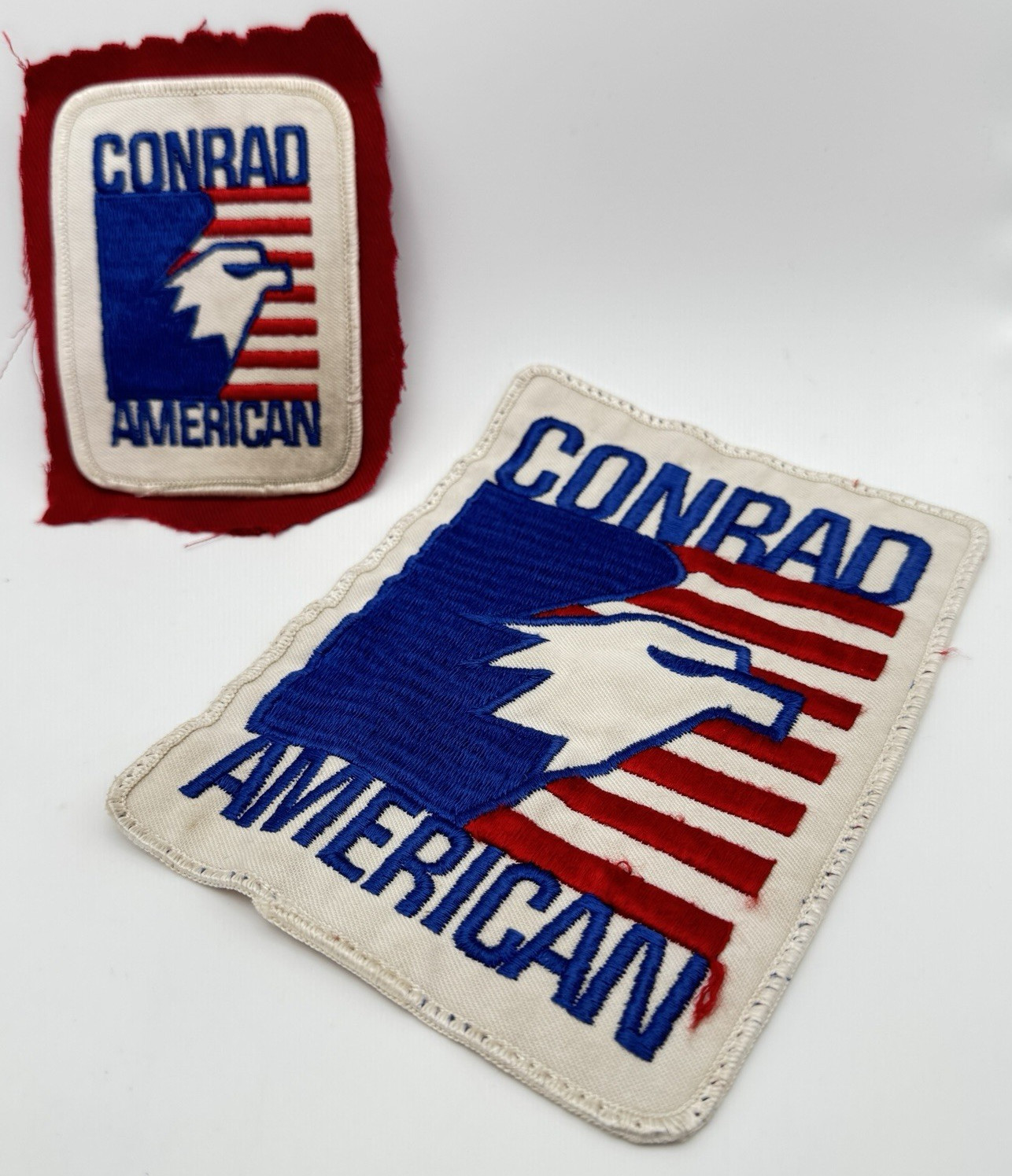 2 Well Used CONRAD AMERICAN Advertising Patch Vtg Farm Bin Grain Storage 3X4 5X7