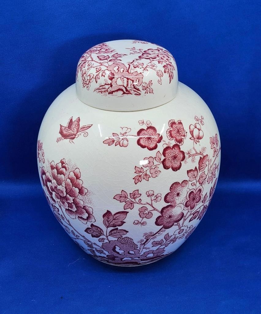 Vtg Mason\'s Ironstone Manchu Floral Lidded Ginger Jar Pink Red Cherry Blossoms