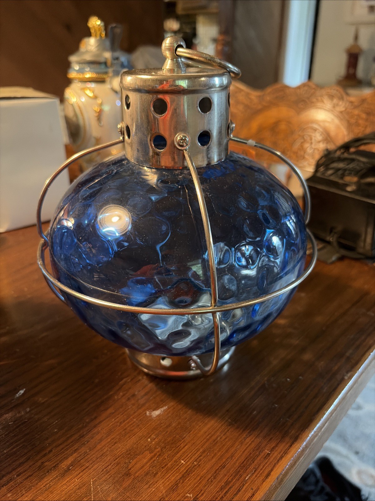 Cobalt Blue Glass Lanterns Onion Scape New Condition 9”