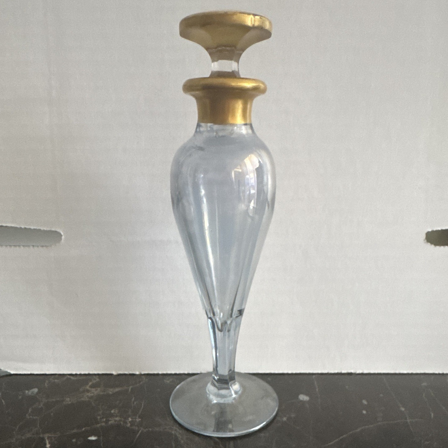 Heisey crystal perfume bottle 7H, iridescent blue tint and a gold gilded stopper