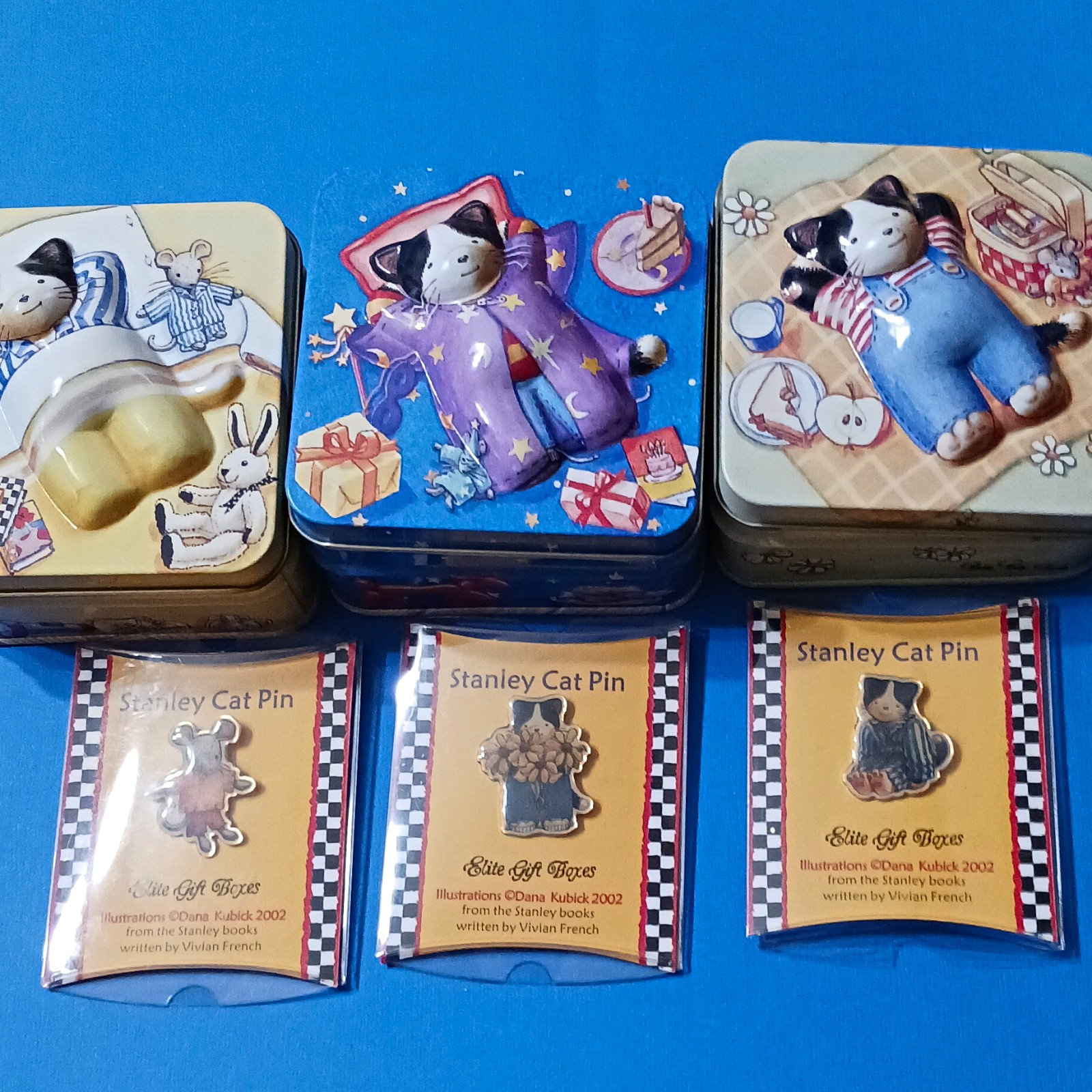  3 Dana Kubick , Stanley Cat Boxes , with Stanley Cat Pins⁰
