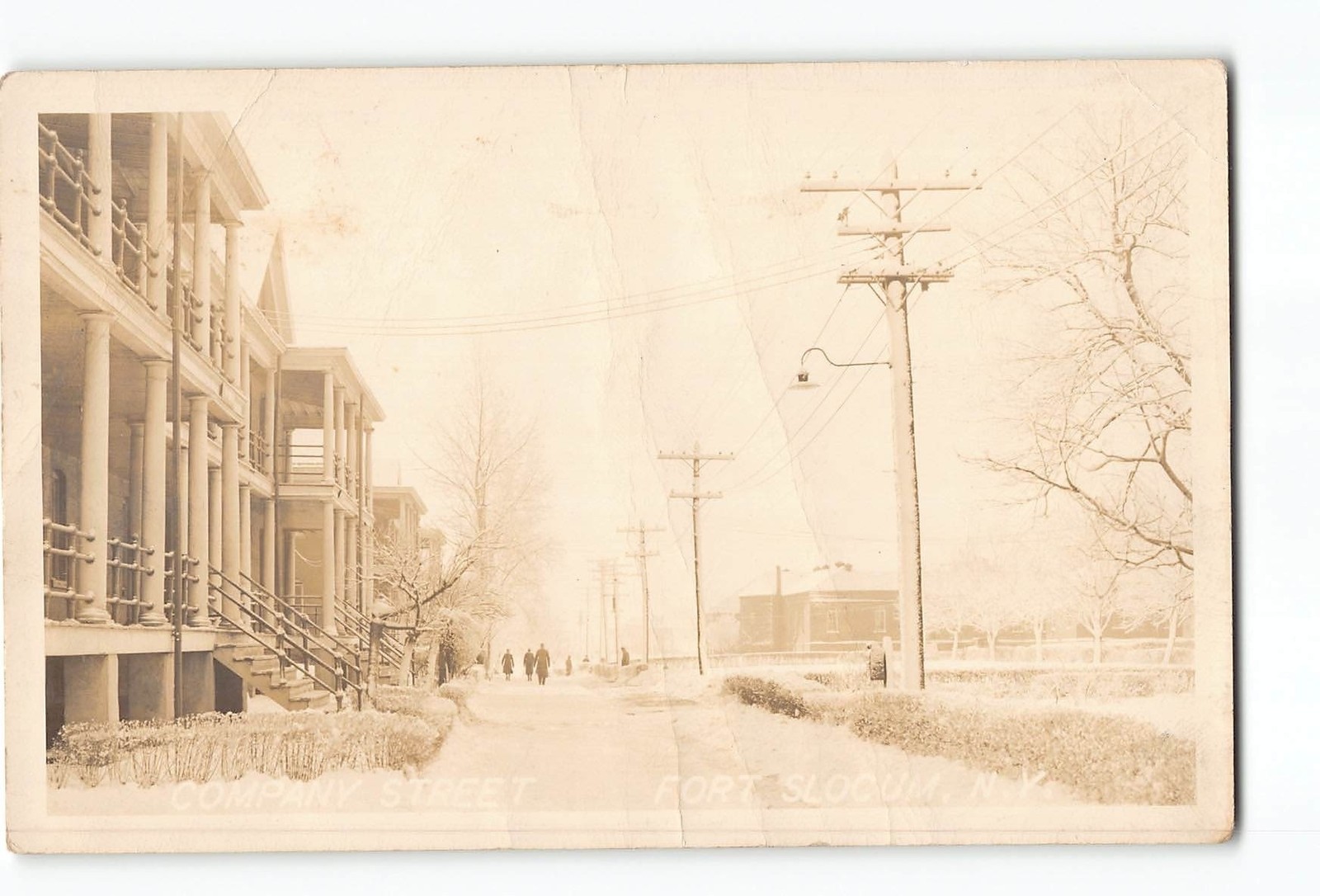 Fort Slocum NY Creased RPPC Real Photo 1924-1949 Company Street Winter Scene