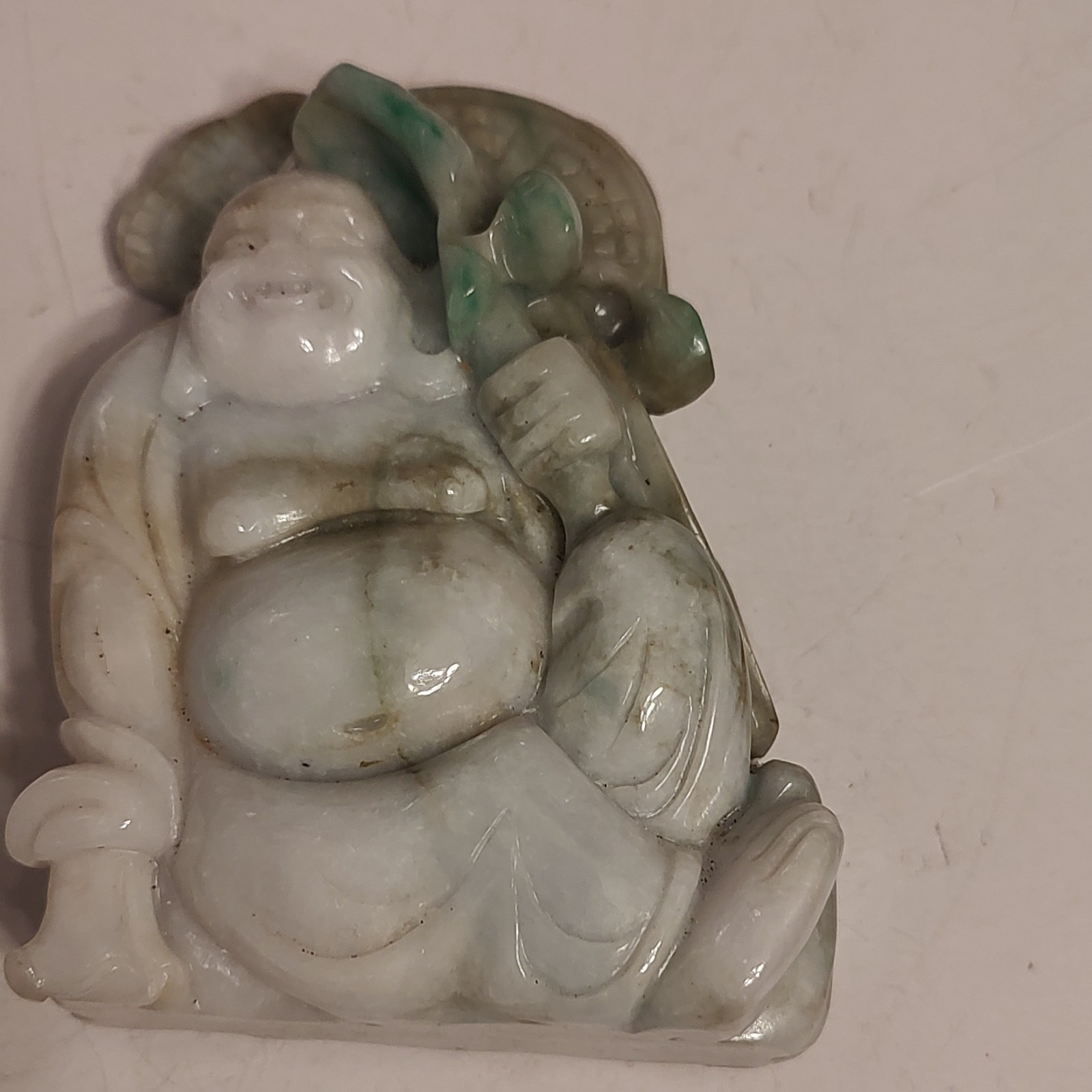 Vintage Chinese Carved Jade moss in snow figural  laughing seated Buddah4x,3x1.5