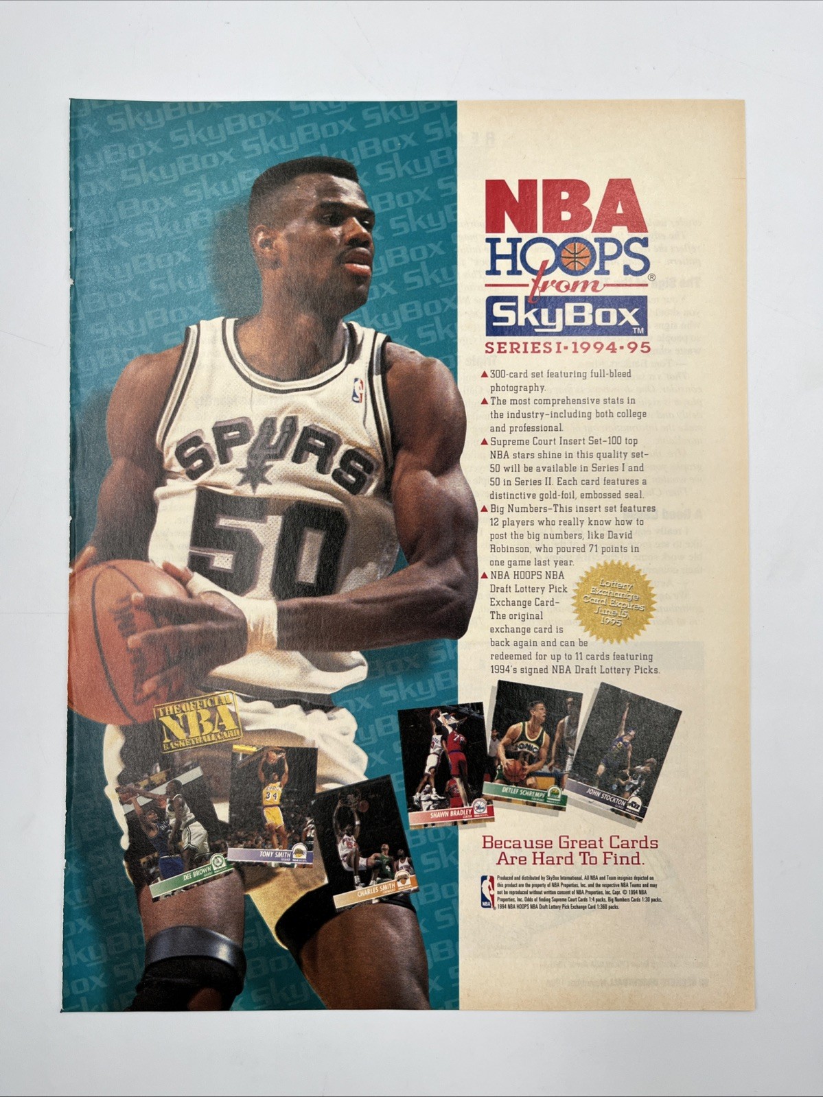 Magazine Print Ad 1994-95 NBA Hoops Series 1 Basketball Cards David Robinson Vtg