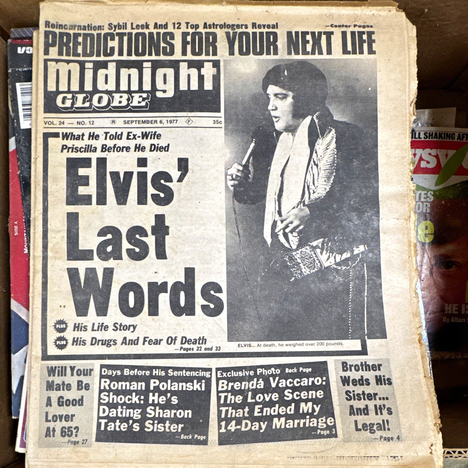 Midnight Globe Newspaper Sept 6, 1977 Elvis' Last Words Cover