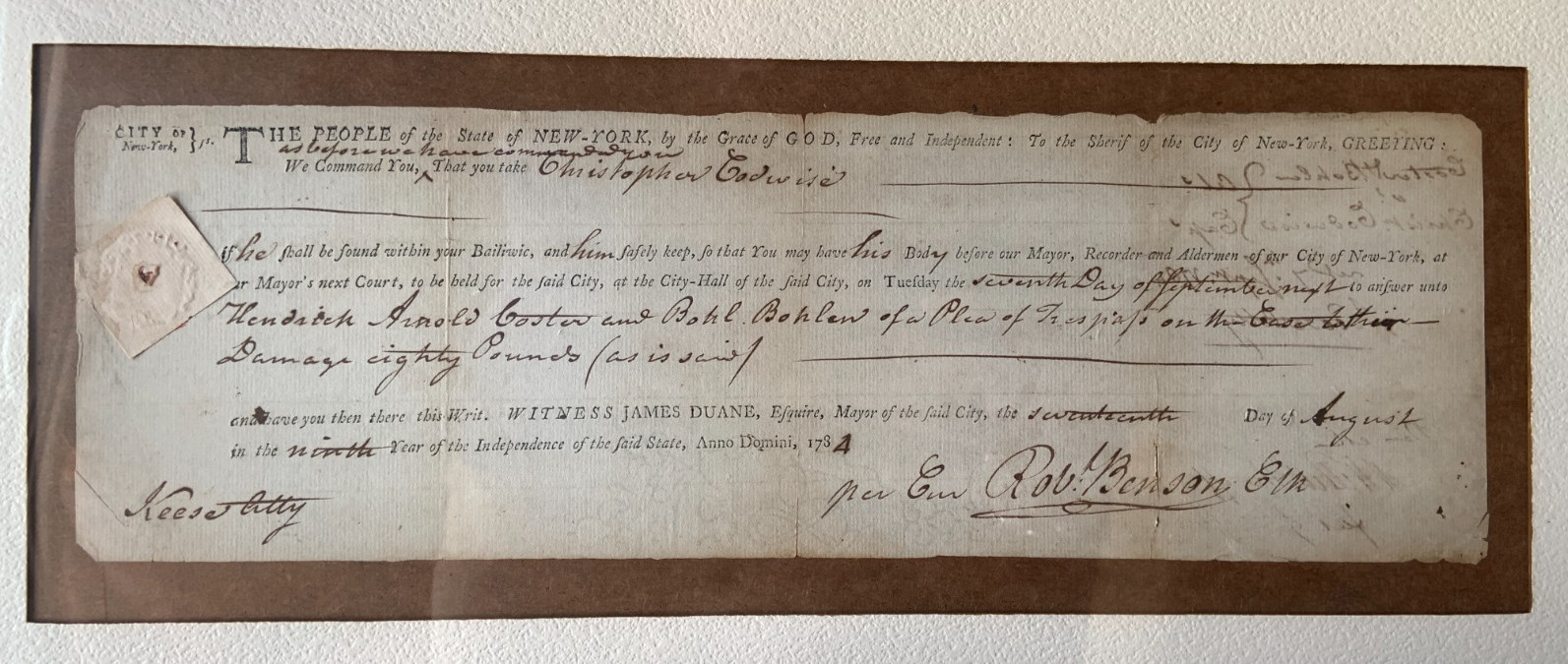 Post-colonial 1784 New York City ARREST WARRANT James Duane Mayor Framed Post-colonial 1784 New York City ARREST WARRANT James Duane Mayor Framed