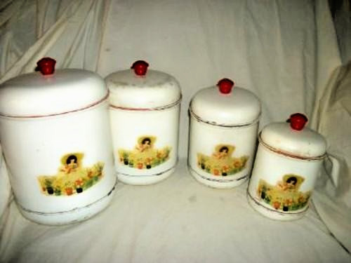 Cottagecore 1920s Metal Canisters Crinoline Lady Red Knobs Original Decals Aged