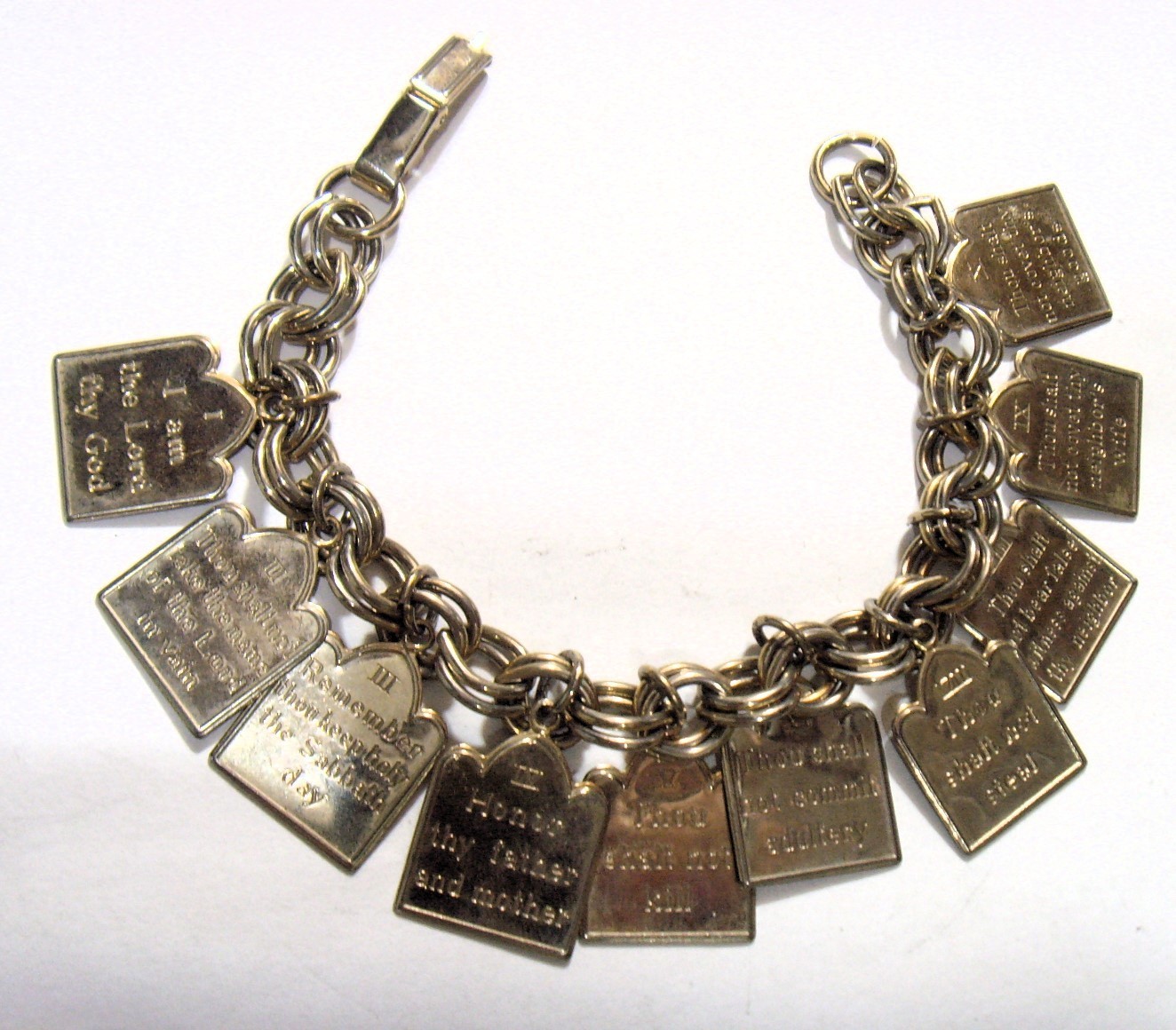 nice vintage gold tone metal religious Catholic ten commandments bracelet 54298 nice vintage gold tone metal religious Catholic ten commandments bracelet 54298