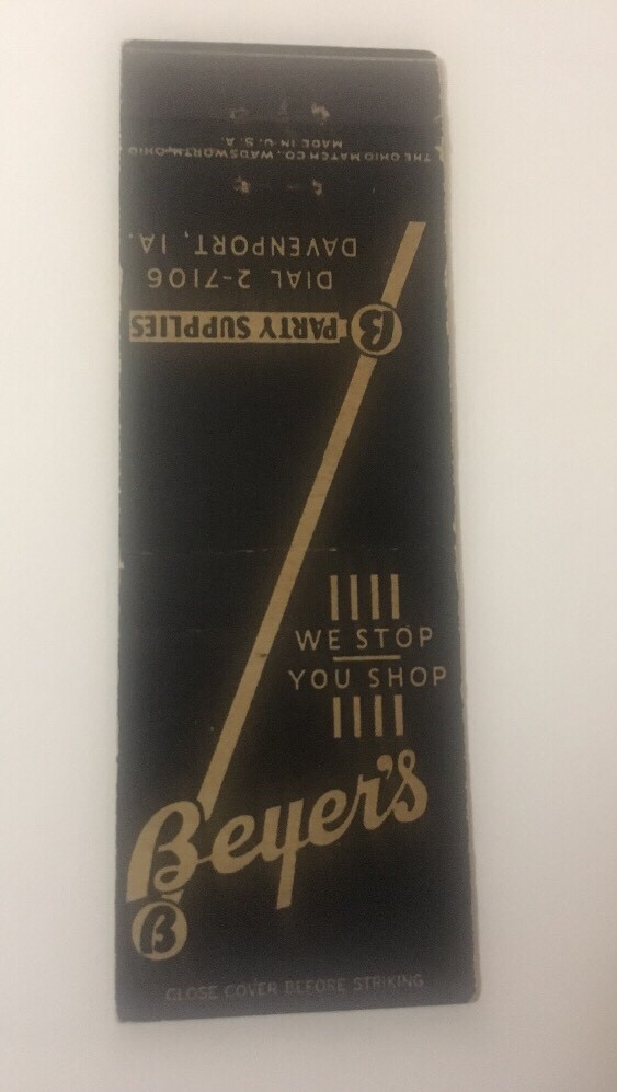 Vintage Matchbook Cover Matchcover Beyer’s Party Supplies Davenport IA Iowa
