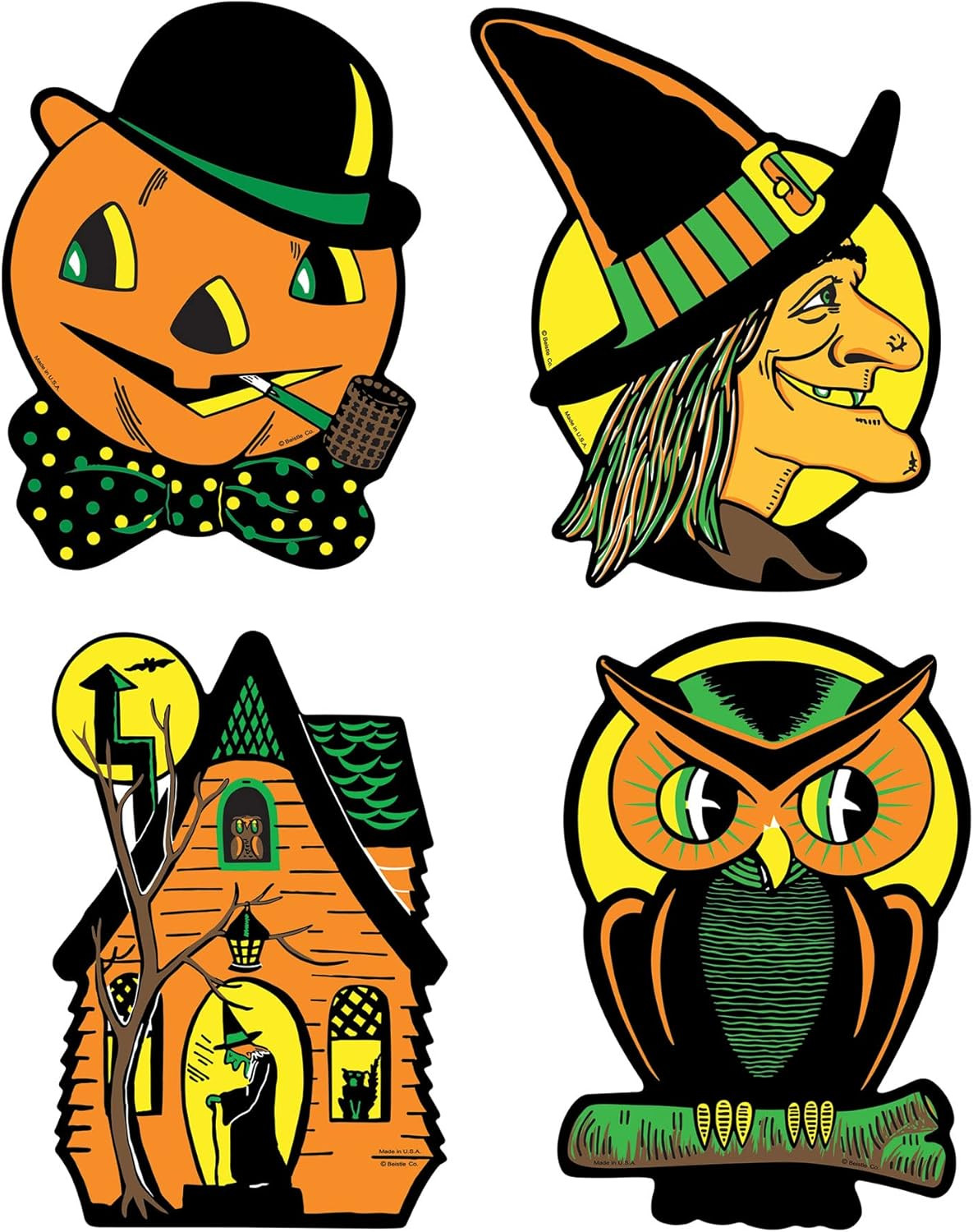 Vintage Halloween Cutouts 4-Count – Double-Sided Decorations with Retro Witch, P Vintage Halloween Cutouts 4-Count – Double-Sided Decorations with Retro Witch, P