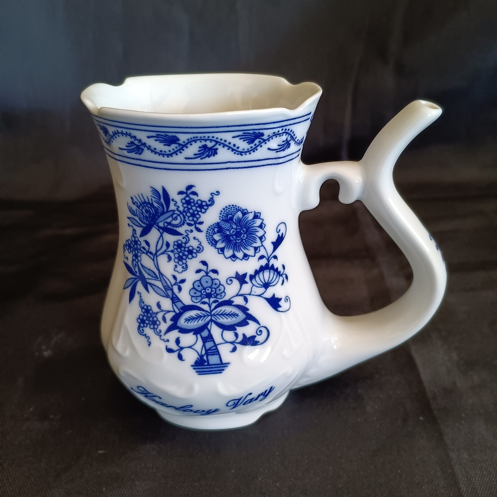 Vintage Karlovy Vary Viva Dalovice Czech Porcelain Spa Sipping Cup Blue White