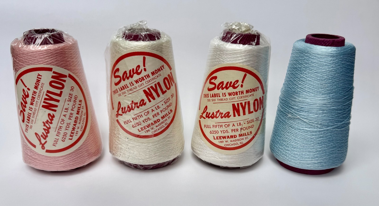Vintage Mid Century Lustra Nylon Thread Set of 4 Pink Blue White Cream New OS