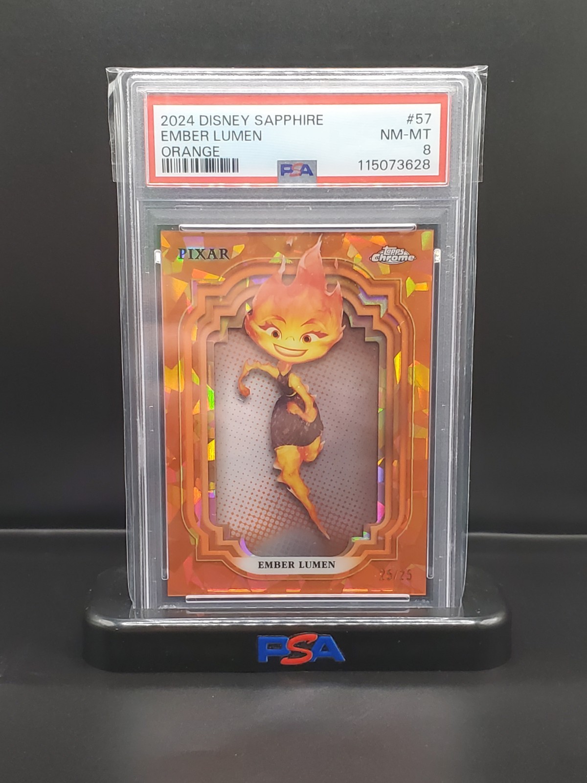 2024 Topps Chrome Disney Sapphire Ember Lumen Orange Refractor #/25 PSA 8