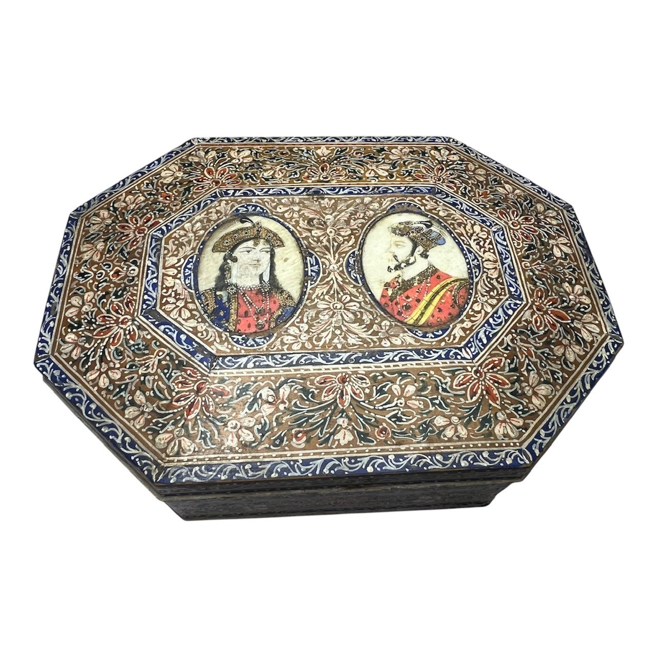 Vintage Indian Mughal Miniature Box Hand Painted Royal Portrait Shah Jahan Mumta