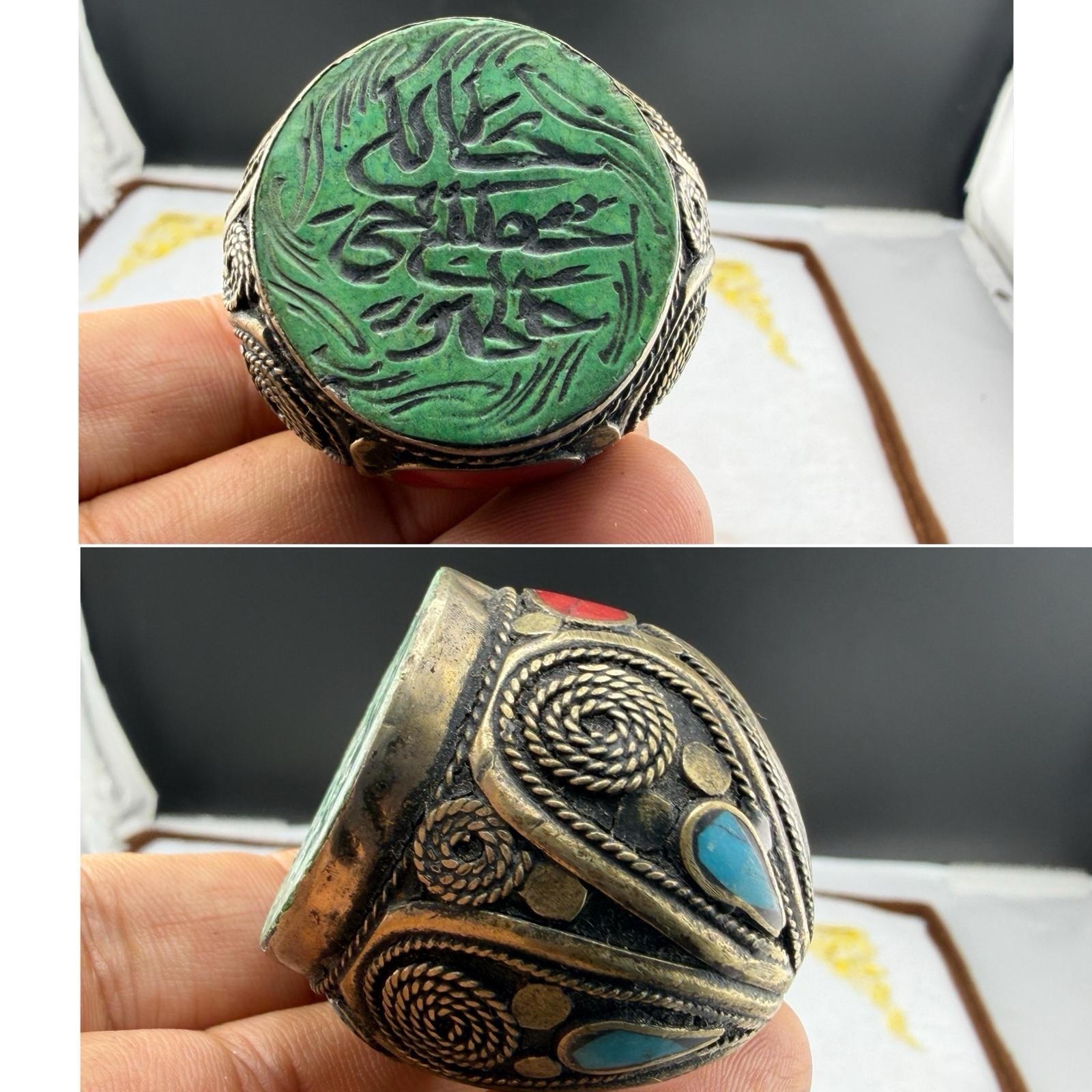 Afghan Antique Islamic Calligraphy Ring Green Stone Tribal Statement Ring Afghan Antique Islamic Calligraphy Ring Green Stone Tribal Statement Ring