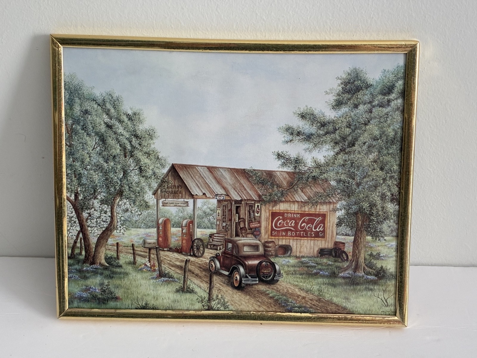 Vintage Coca-Cola Framed Art Print  Titled “Martin’s Garage” Gas Station Car