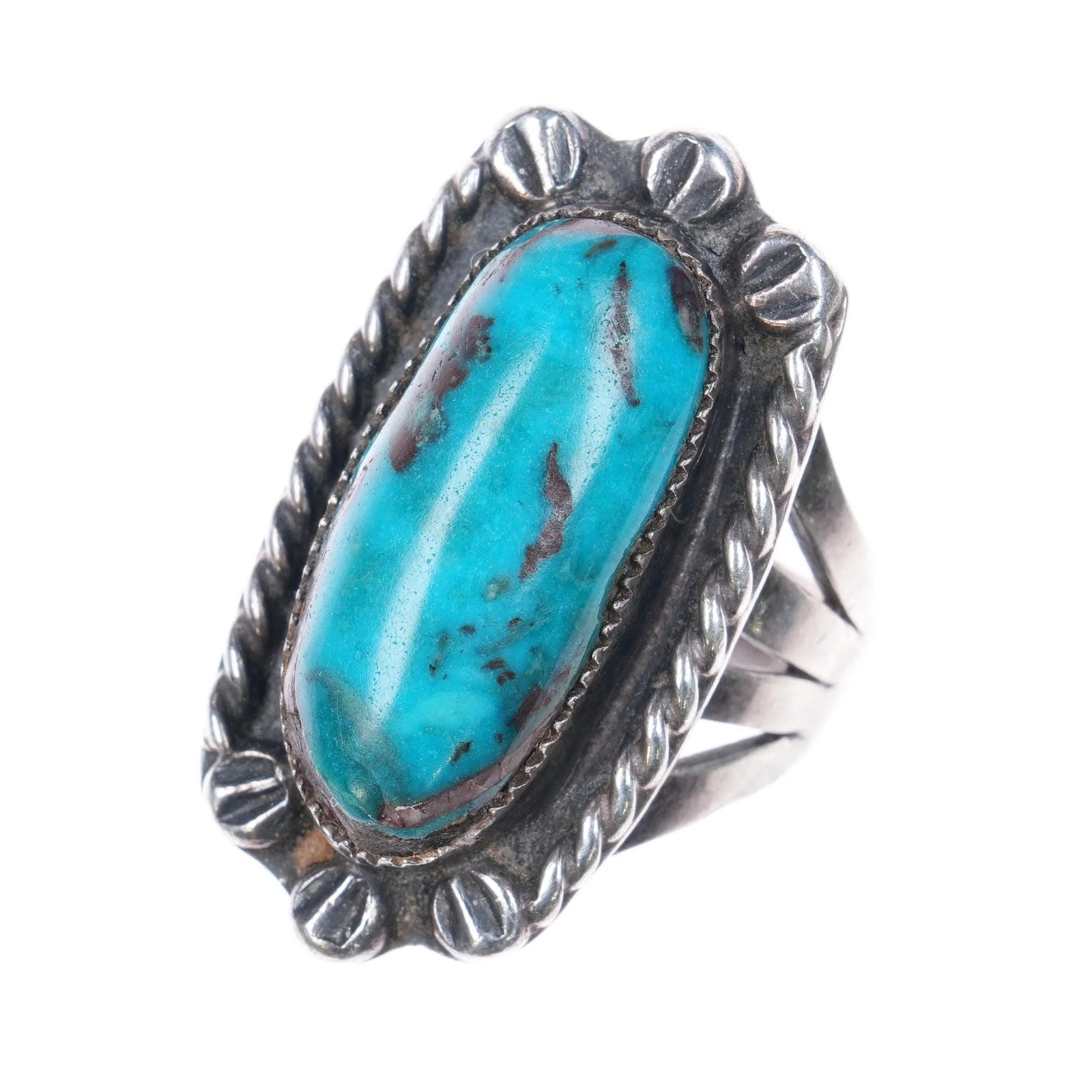 sz7 Vintage Zuni sterling silver turquoise ring rope edge stamped accents