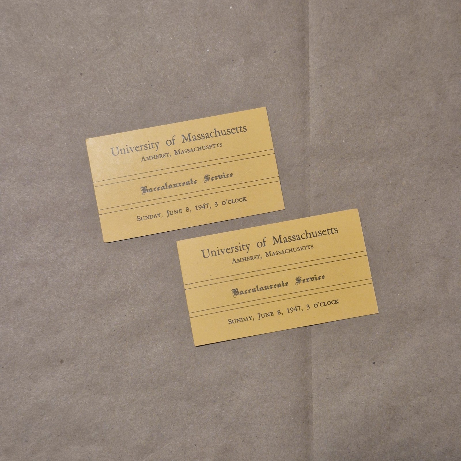 1947 Tickets for UMass Amherst Bachelors Baccalaureate Service Ceremony