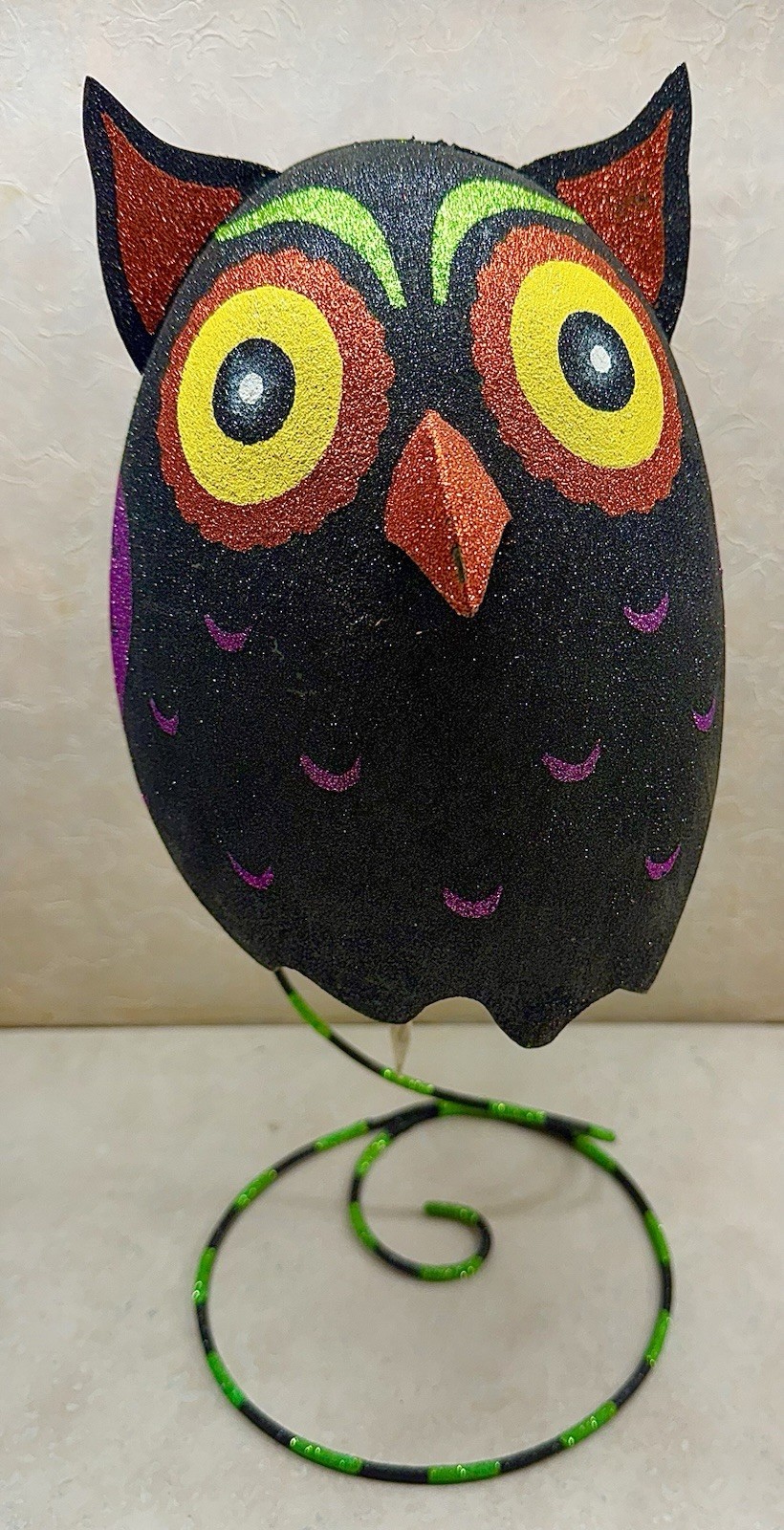 Pier 1 One Imports Halloween Bobble Owl Figure Glitter Metal 16”