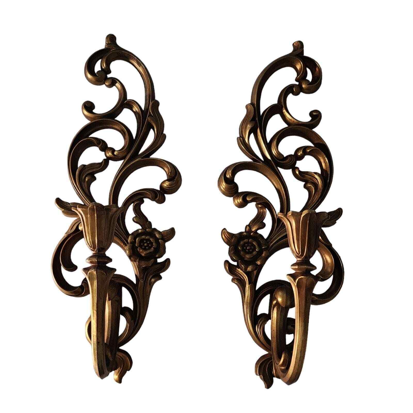 Syroco Candle Holder Wall Sconce Pair Hollywood Regency Gold Floral MCM 4531