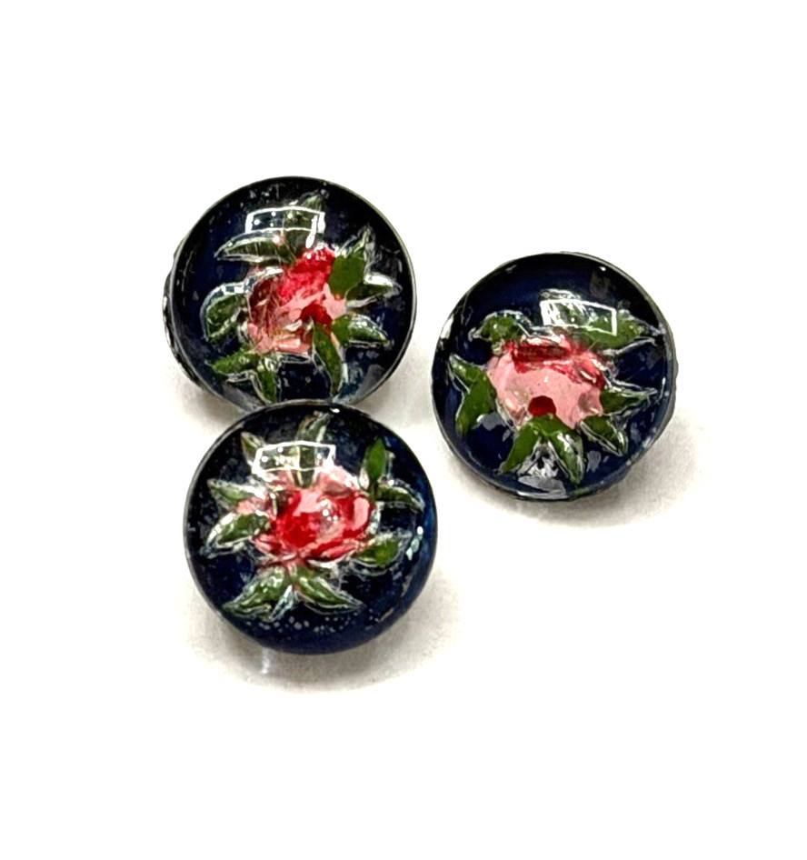 Vintage Trio of 2pc. Glass Intaglio ROSEBUD Flower Dimi Buttons - 3/8