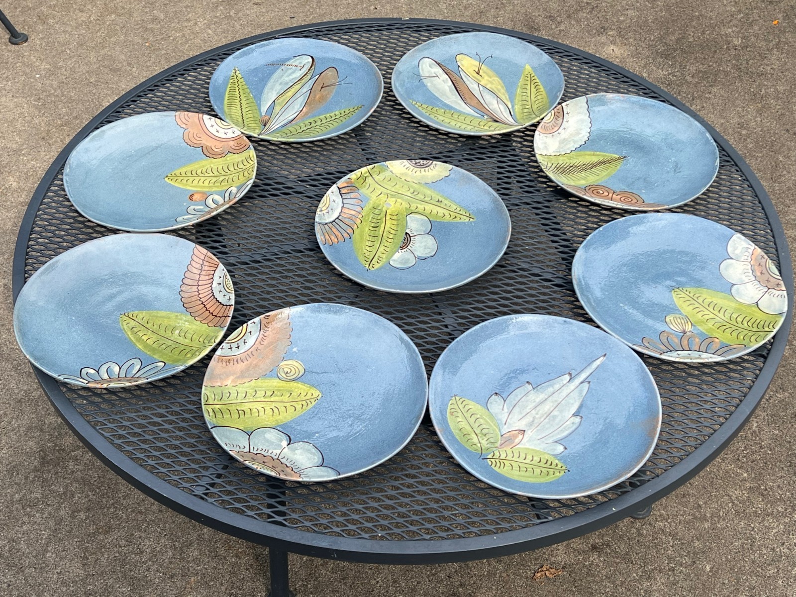 Vintage Mexican Pottery Tonala Plates Set Blue Floral Design 10 1/2 Vintage Mexican Pottery Tonala Plates Set Blue Floral Design 10 1/2