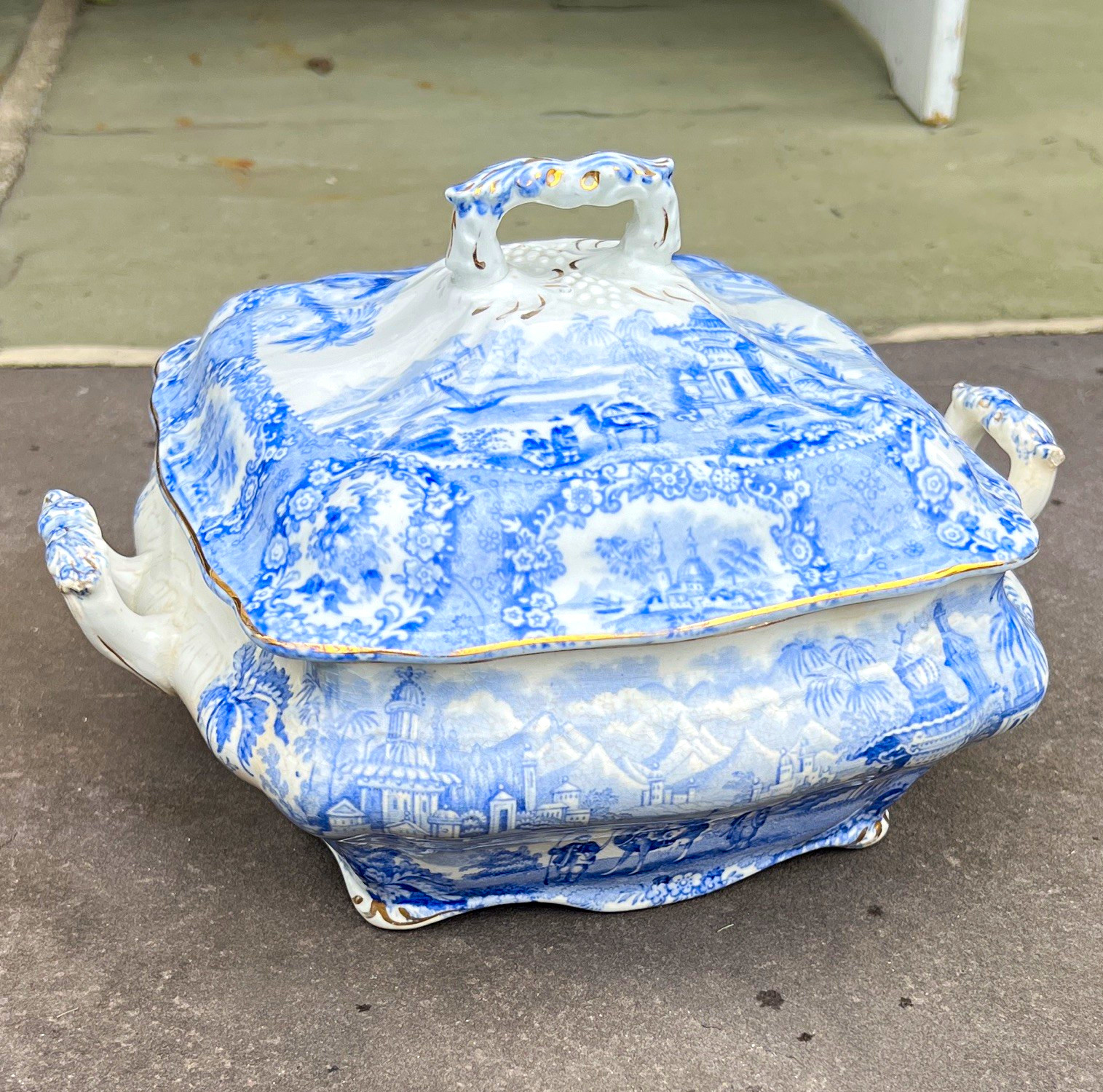 Antique Oriental W.R. Blue & White Scenic Square Porcelain serving dish w/ Lid Antique Oriental W.R. Blue & White Scenic Square Porcelain serving dish w/ Lid