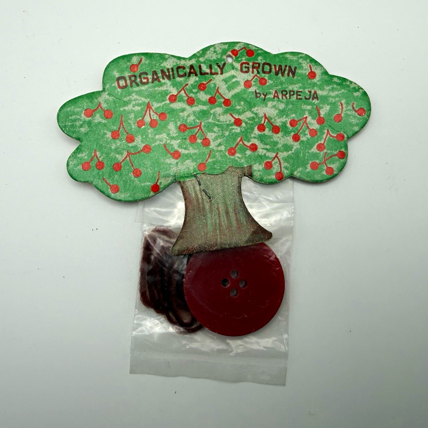Vintage 1970s Organically Grown by Arpeja Hang Tag Die Cut Cherry Tree Button Vintage 1970s Organically Grown by Arpeja Hang Tag Die Cut Cherry Tree Button