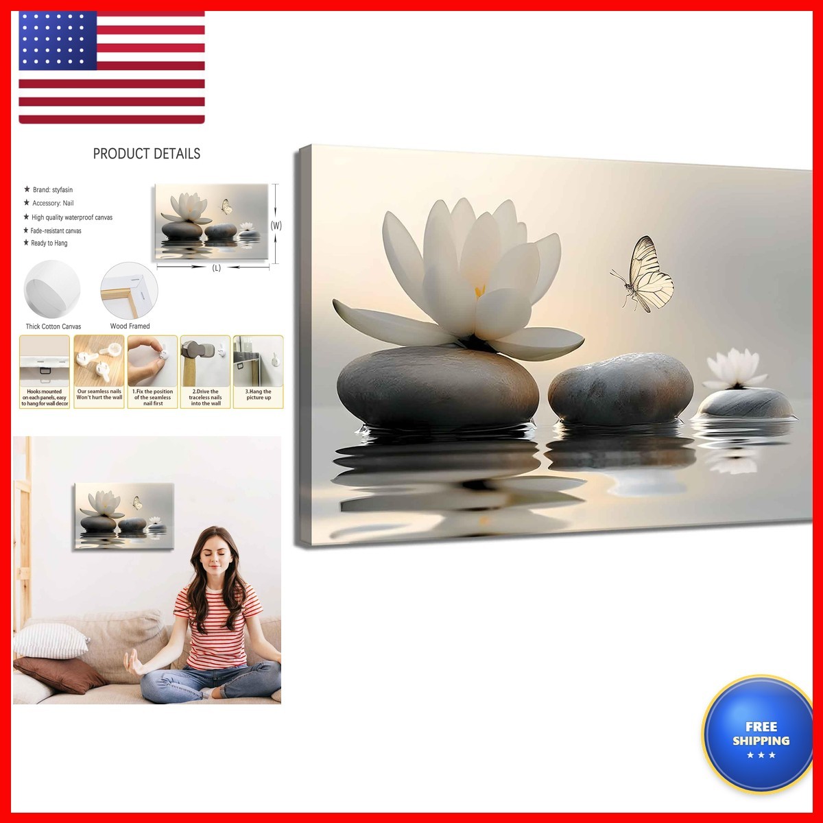 Large Zen White Lotus Canvas Wall Art Ready to Hang