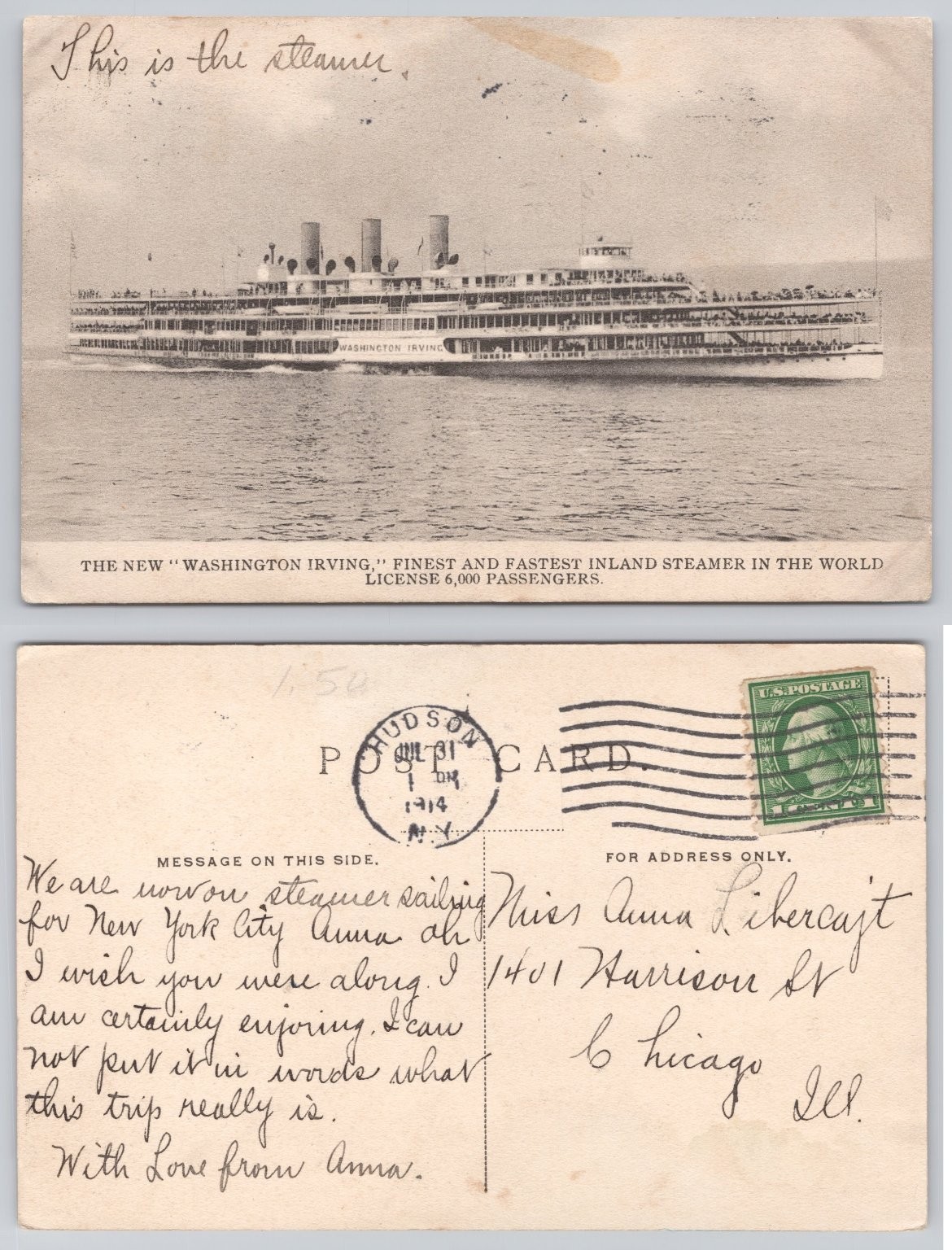 1914 Washington Irving Hudson River Steamer Postcard NYC NY Posted