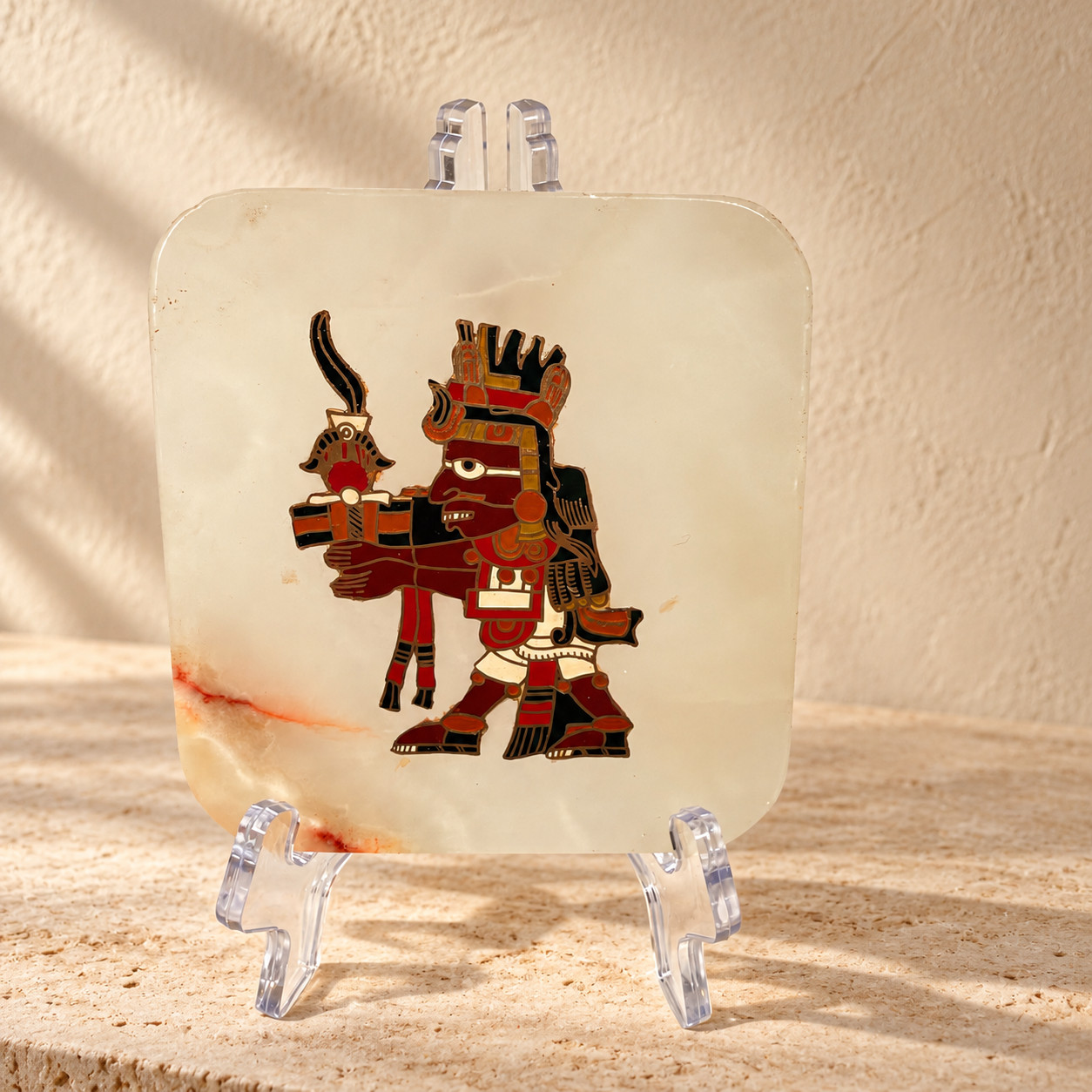Mexican Wall Plaque Aztec Style Figure Cream Stone Look 5 Inch Square Vintage