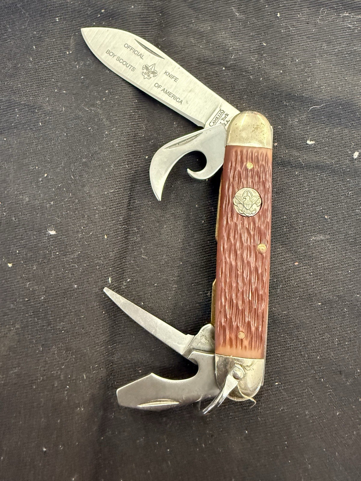 Vtg Camillus NY USA Official Boy Scout Pocket Knife Brown Jigged Multi-Tool Insc