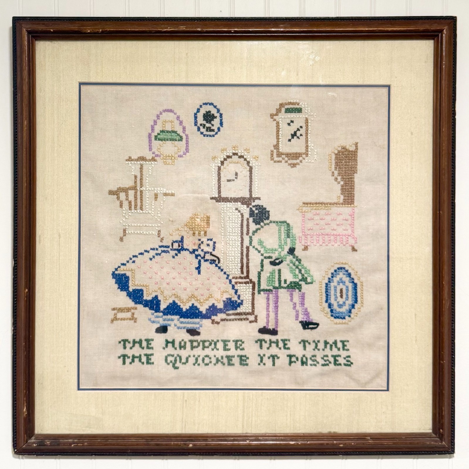 Vintage c1930s Framed Cross Stitch Motto Sampler Victorian Couple Folk Art 18 I